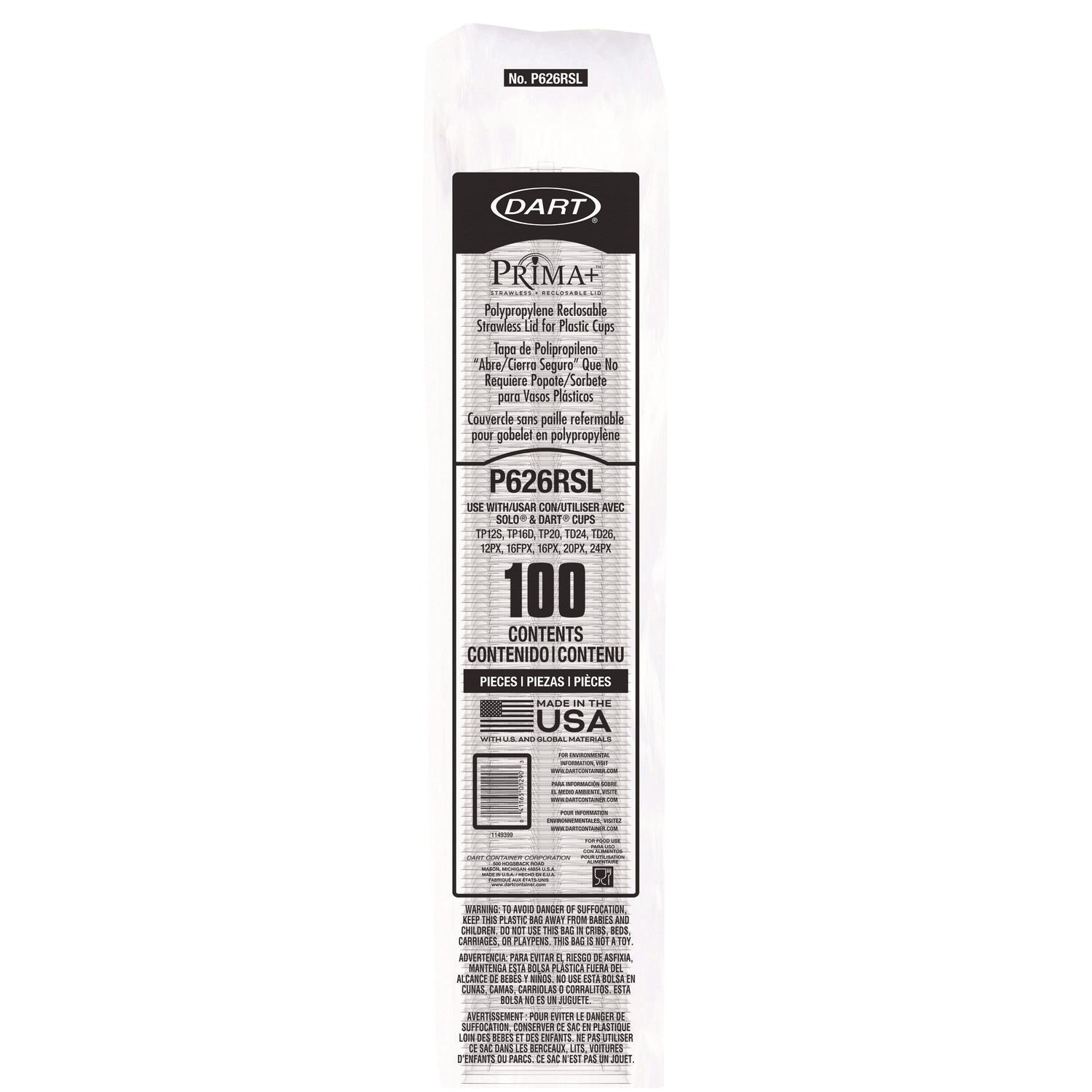 Prima Strawless Plastic Lids, Fits 12 oz to 26 oz Cold Cups, Clear, 100/Sleeve, 10 Sleeves/Carton