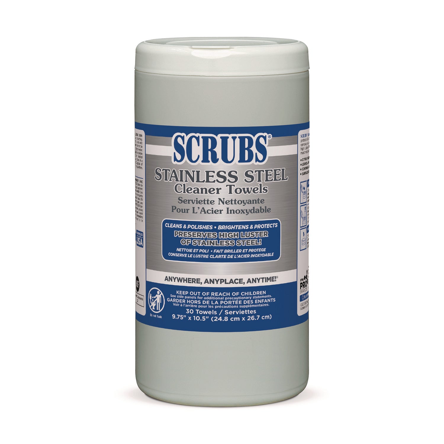 SCRUBS Stainless Steel Cleaner Wipes, Citrus Scent, 9.75" x 10.50", Yellow, 30 Wipes per Tub, 1 Tub