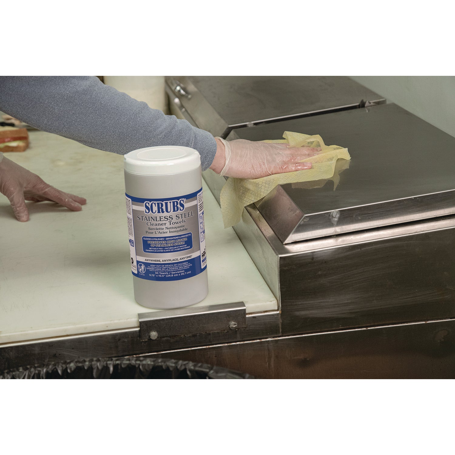 SCRUBS Stainless Steel Cleaner Wipes, Citrus Scent, 9.75" x 10.50", Yellow, 30 Wipes per Tub, 1 Tub
