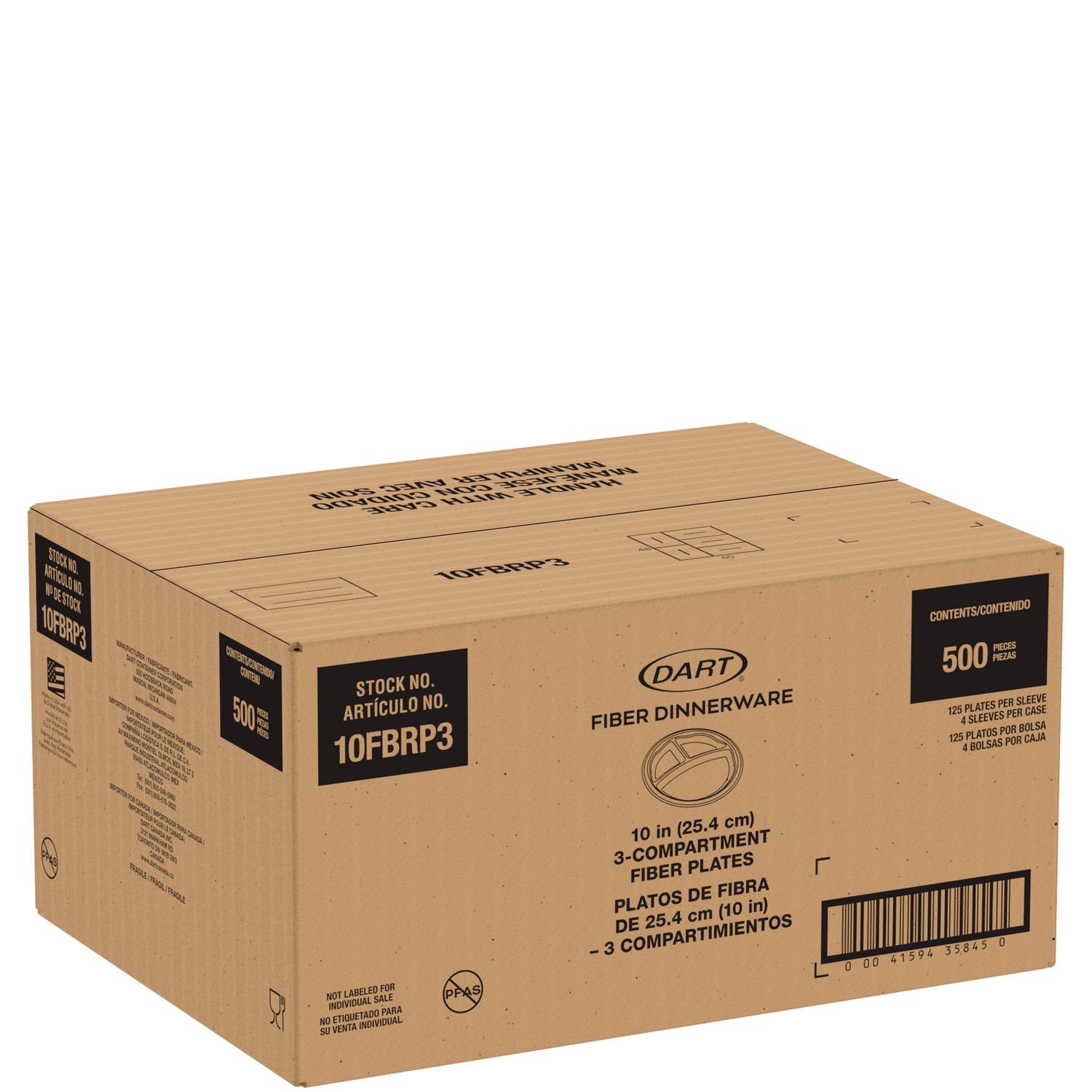 Compostable Molded Fiber Dinnerware, ProPlanet Seal, 3-Compartment Plate, 10.2" dia, Natural, 500/Carton