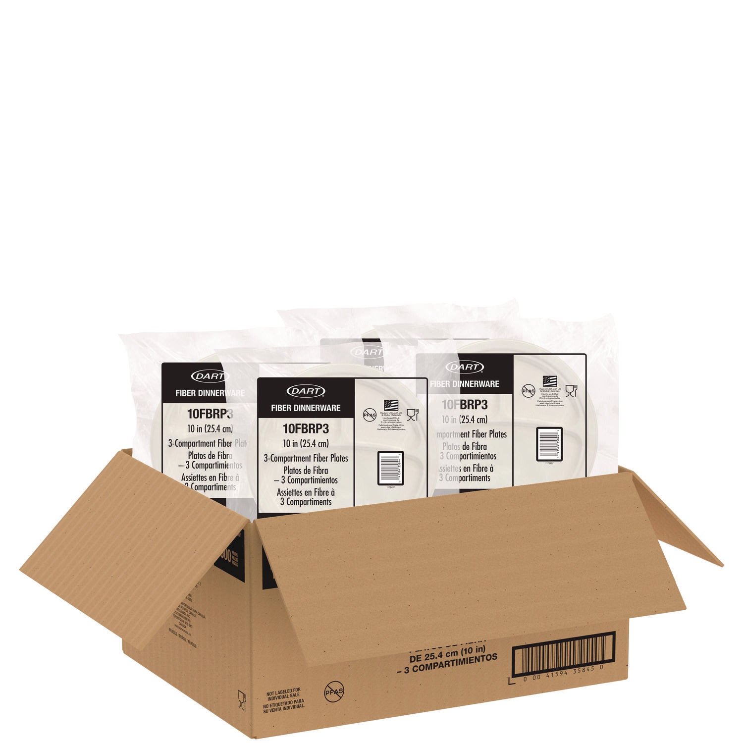 Compostable Molded Fiber Dinnerware, ProPlanet Seal, 3-Compartment Plate, 10.2" dia, Natural, 500/Carton