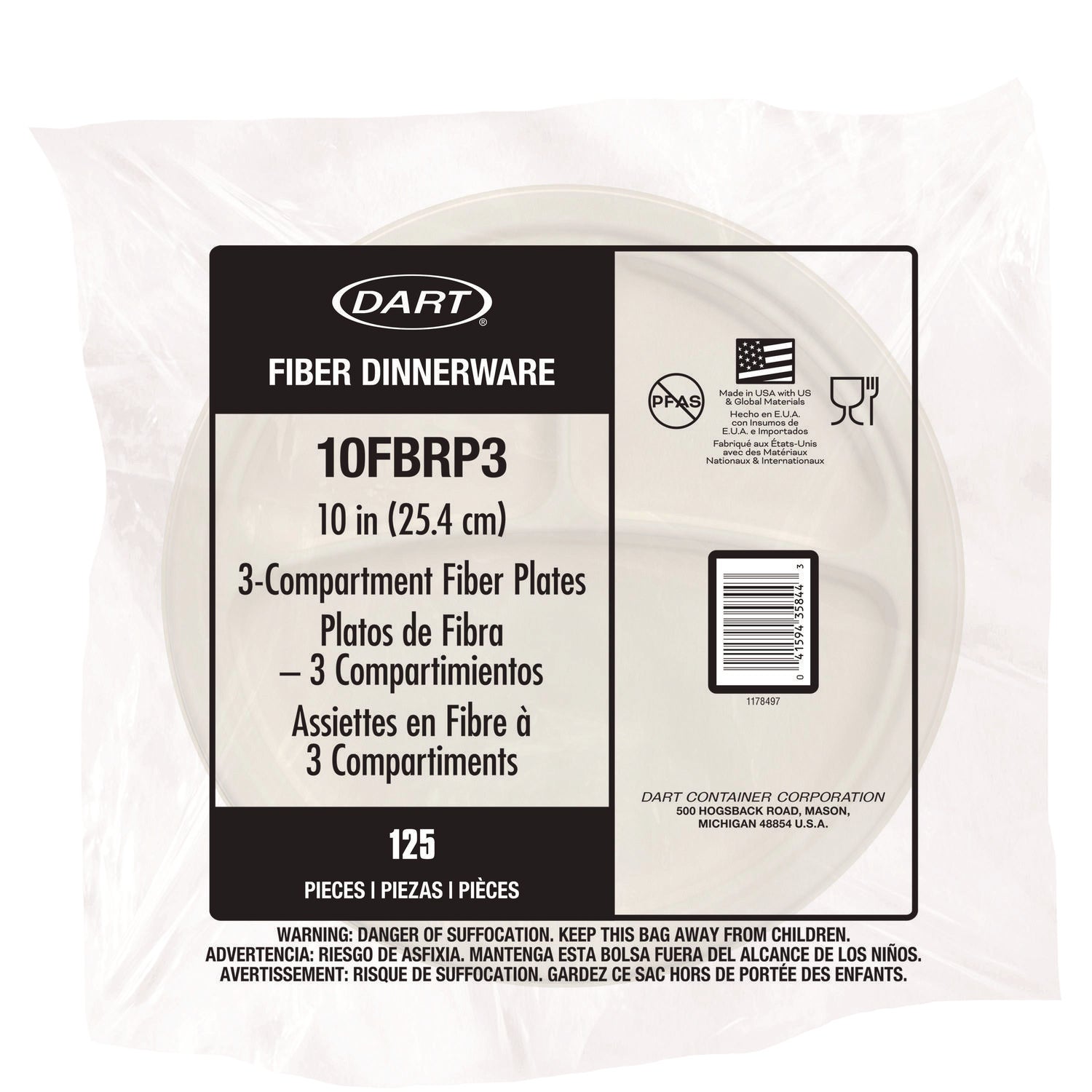 Compostable Molded Fiber Dinnerware, ProPlanet Seal, 3-Compartment Plate, 10.2" dia, Natural, 500/Carton