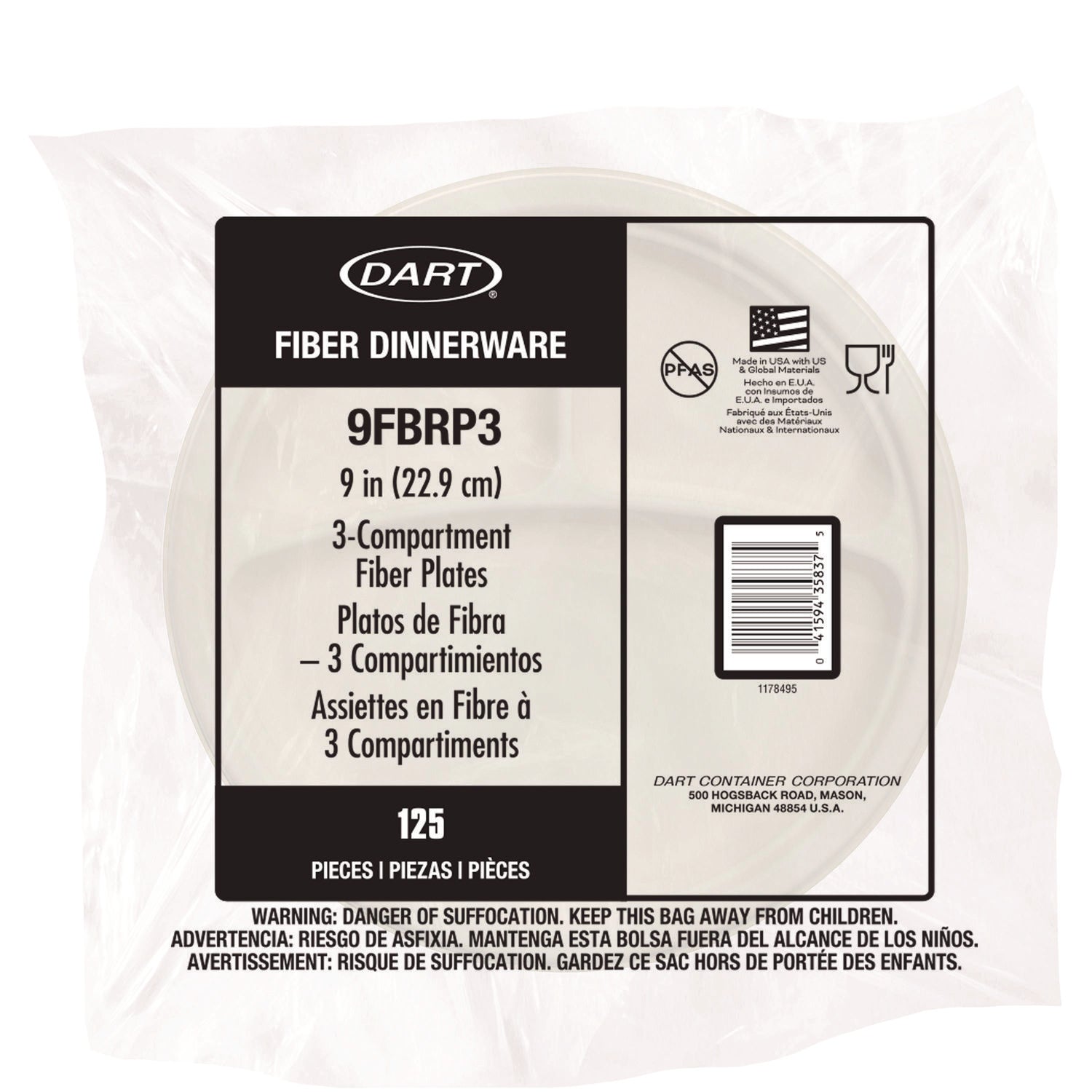 Compostable Molded Fiber Dinnerware, ProPlanet Seal, 3-Compartment Plate, 9" dia, Natural, 500/Carton