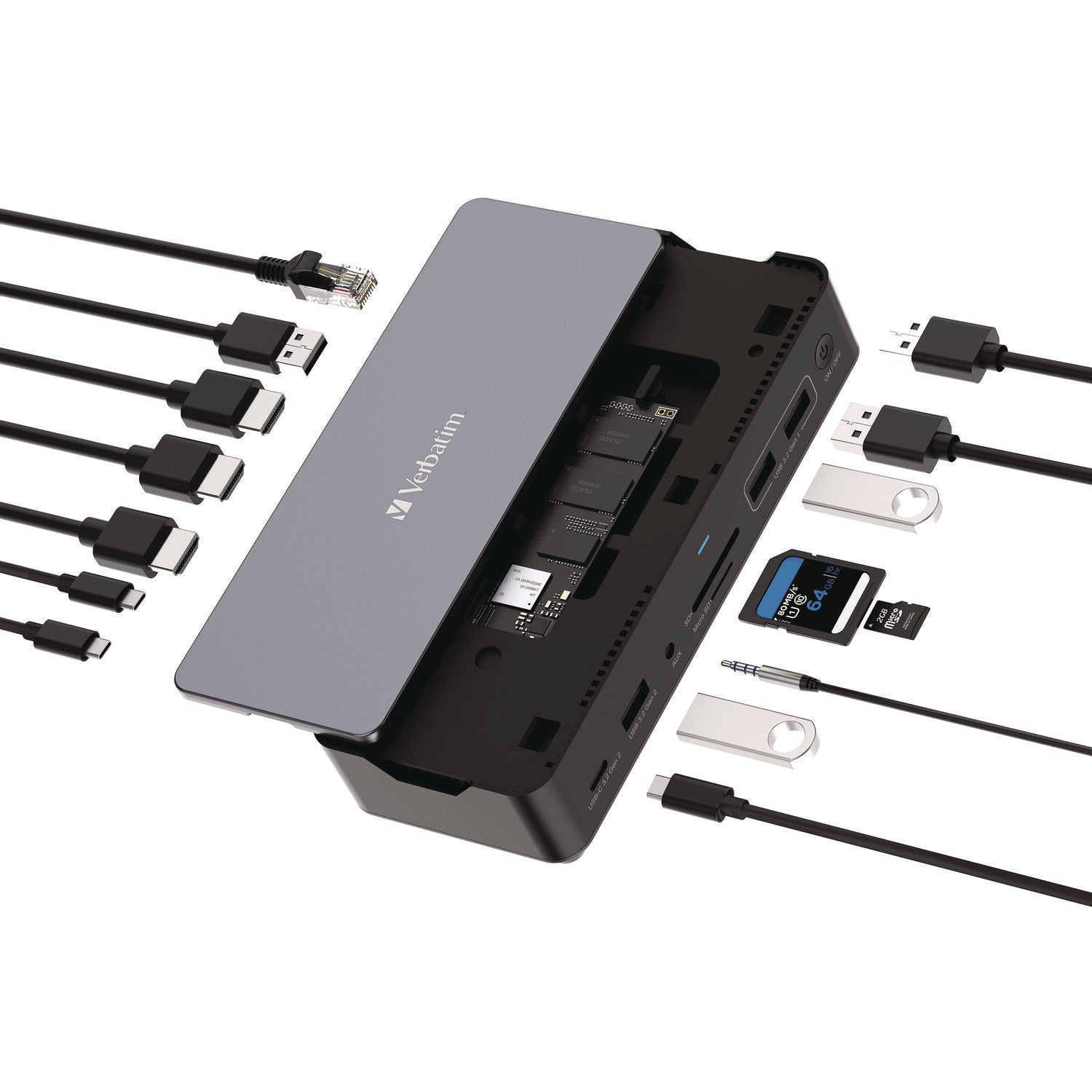 USB-C Pro Docking Station 15-in-1 SSD Enclosure, Audio/DisplayPort/HDMI/Micro SD/NVMe/RJ45/SD/USB-A/USB-C/SATA, Gray