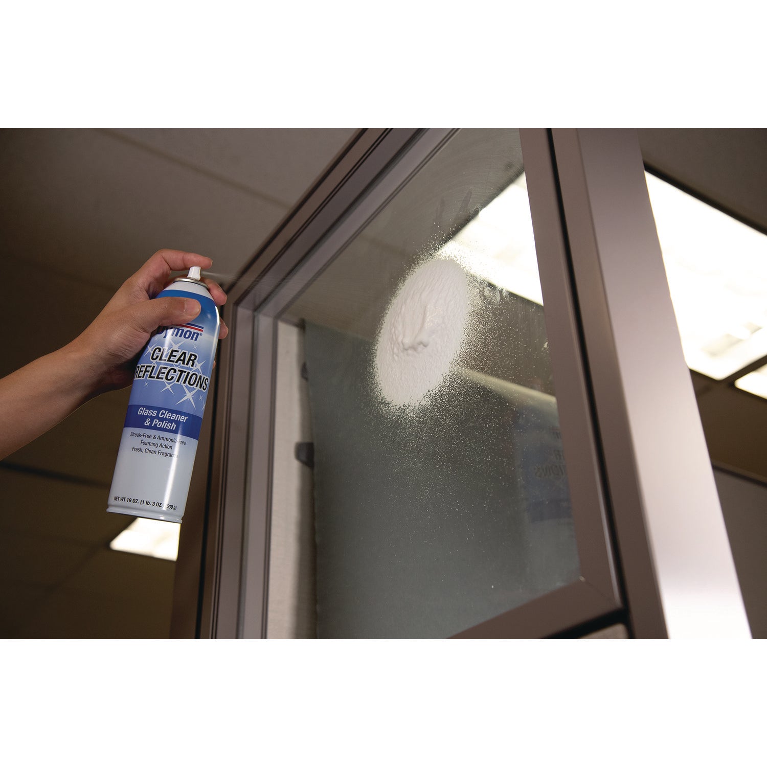 Dymon Clear Reflections Aerosol Glass Cleaner - For Screen, Window, Mirror, Lens, Windshield - 19 fl oz (0.6 quart) - Recommended For: Grease Remover, Fingerprint Remover, Soil Remover, Oil Remover - Residue-free - Silver, Blue - 1 Each