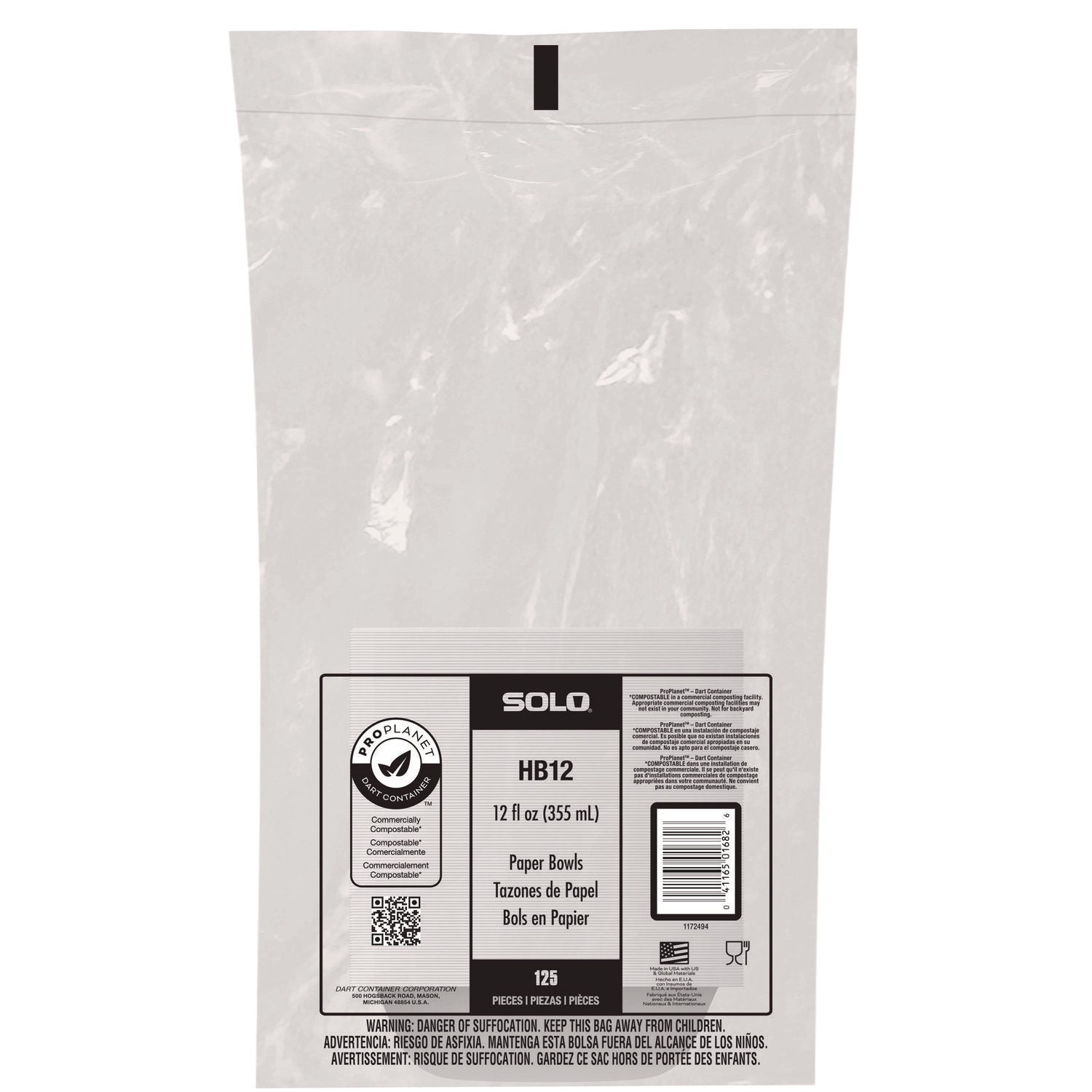 Compostable Paper Dinnerware, ProPlanet Seal, Bowl, 12 oz, White, 125/Pack