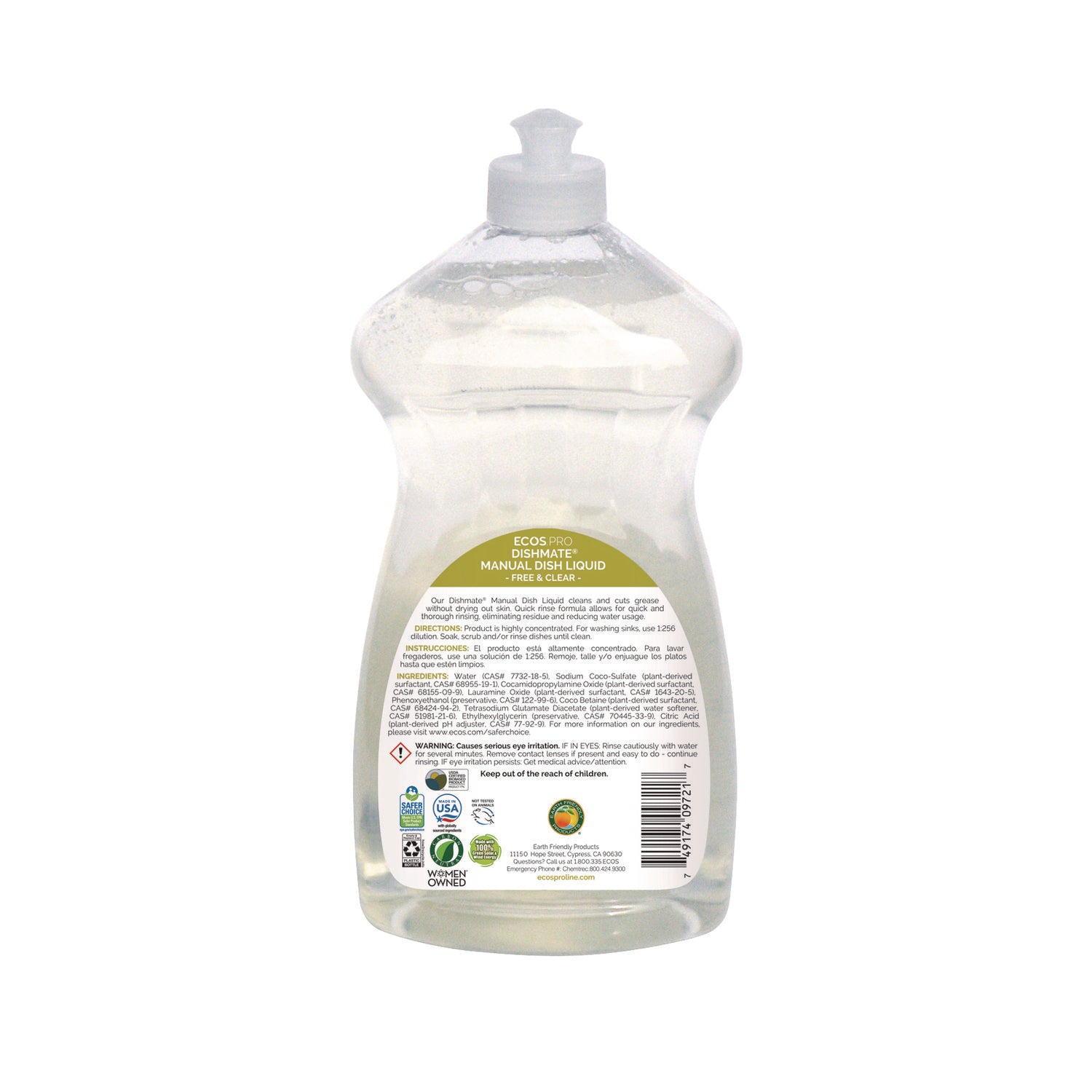 Dishmate Manual Dish Liquid, Free and Clear, 25 oz Squeeze Bottle, 6/Carton