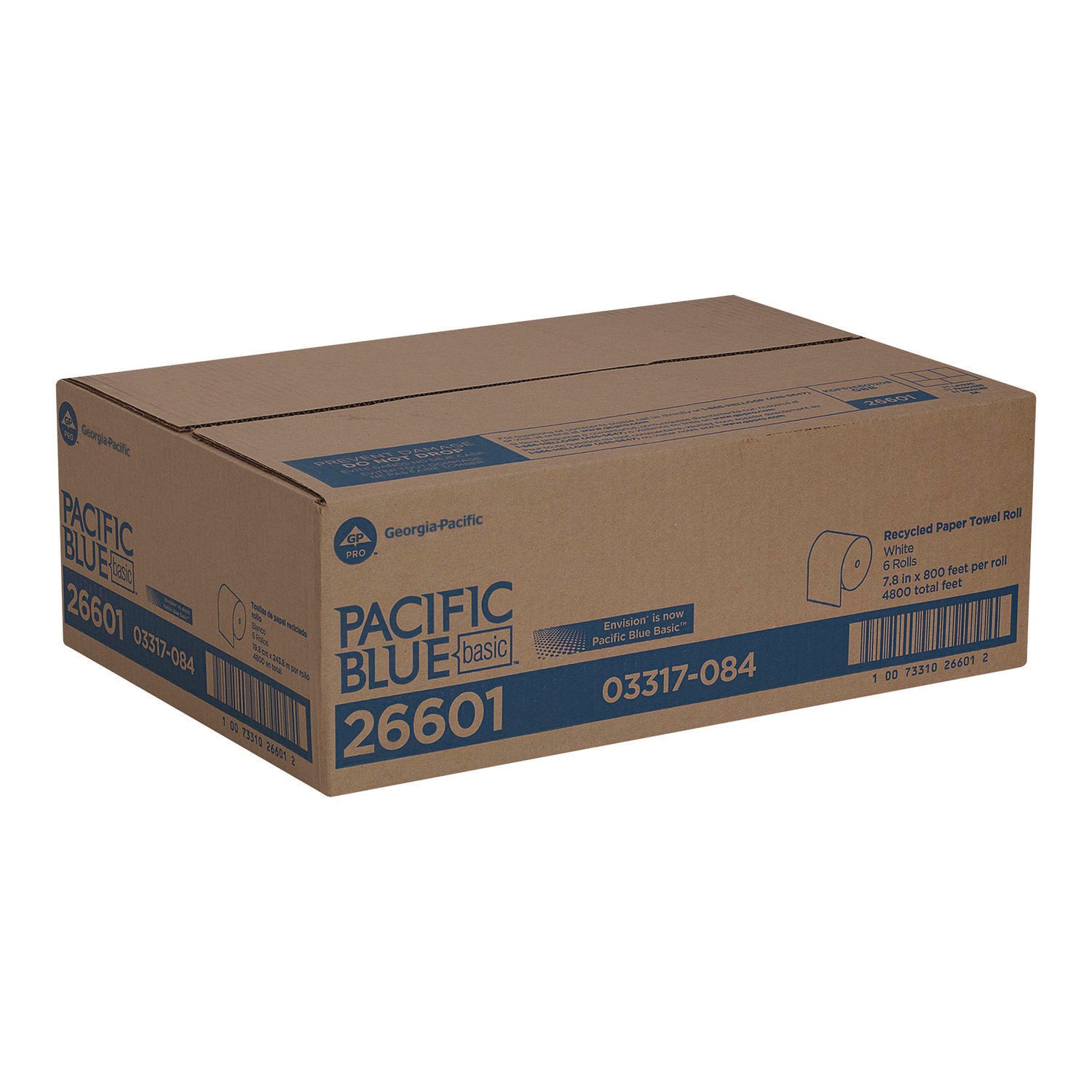 Pacific Blue Basic Recycled Paper Towel Roll - 1 Ply - 7.87" Width x 800 ft Length - White - 6 / Carton