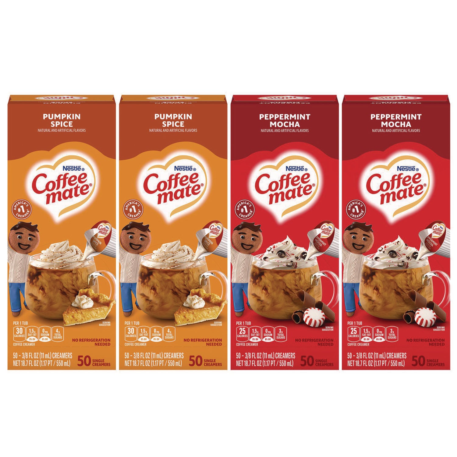 Liquid Coffee Creamer, Peppermint Mocha/Pumpkin Spice, 0.38 oz Mini Cups, 50/Pack, 4 Packs/Carton