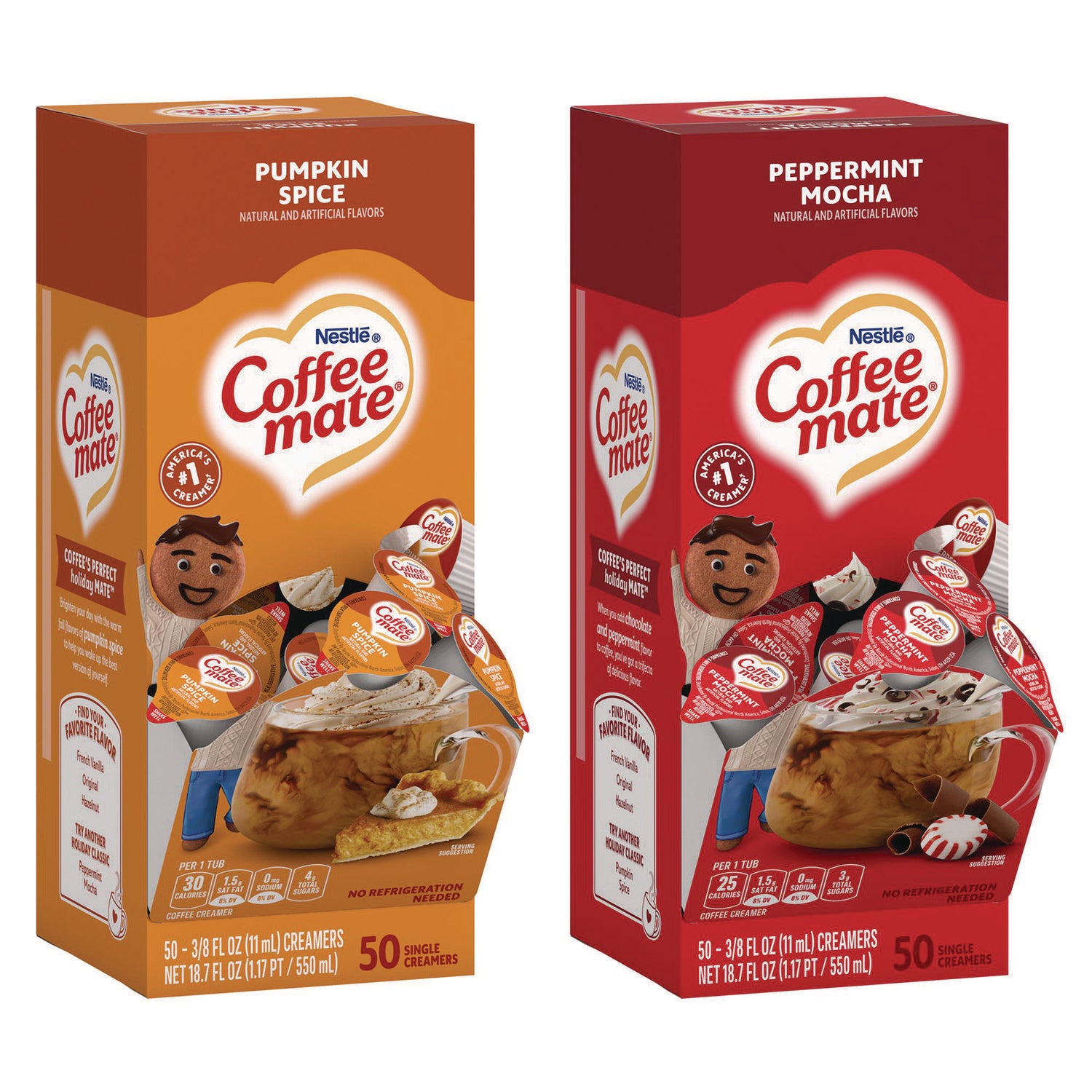 Liquid Coffee Creamer, Peppermint Mocha/Pumpkin Spice, 0.38 oz Mini Cups, 50/Pack, 4 Packs/Carton