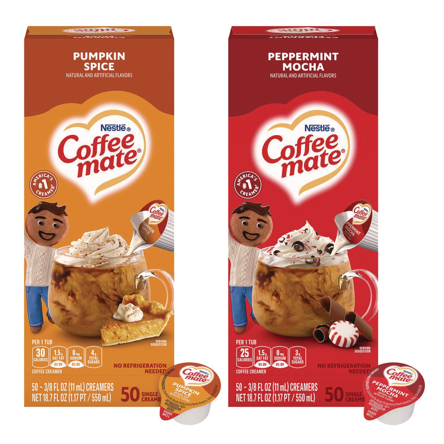 Liquid Coffee Creamer, Peppermint Mocha/Pumpkin Spice, 0.38 oz Mini Cups, 50/Pack, 4 Packs/Carton