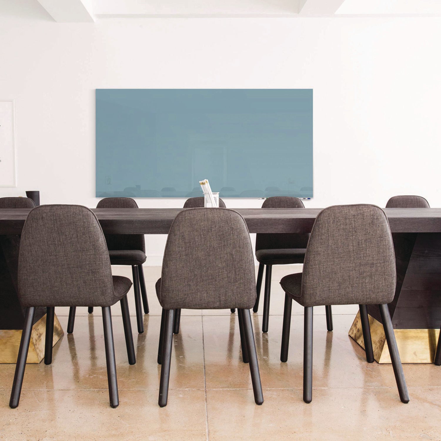 Aria Low-Profile Frameless Magnetic Glassboard, 48" x 36", Denim Blue Surface