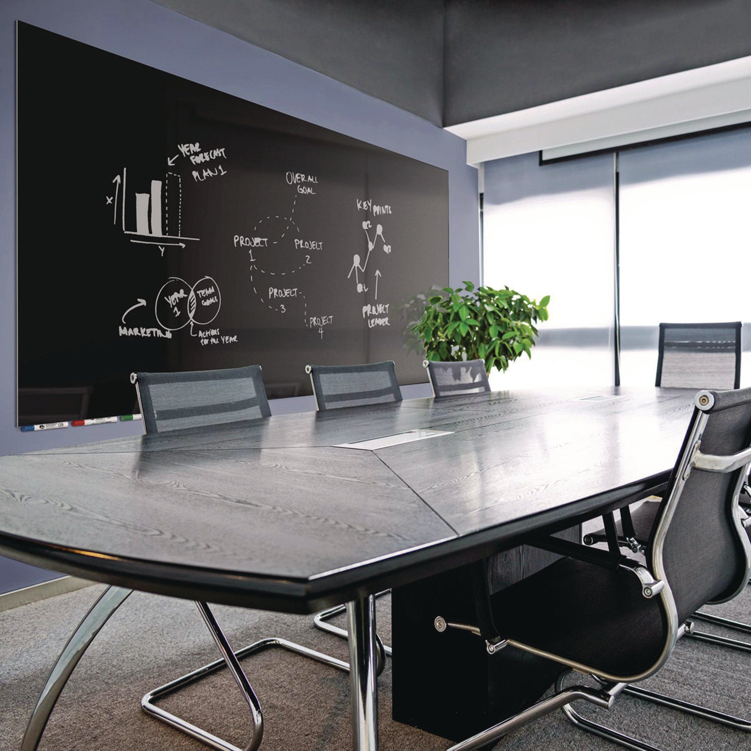 Ghent Magnetic Aria - Horizontal - 72" (6 ft) Width x 48" (4 ft) Height - Black Tempered Glass Surface - Rectangle - Horizontal - Magnetic - Eraser Included - 1 Each