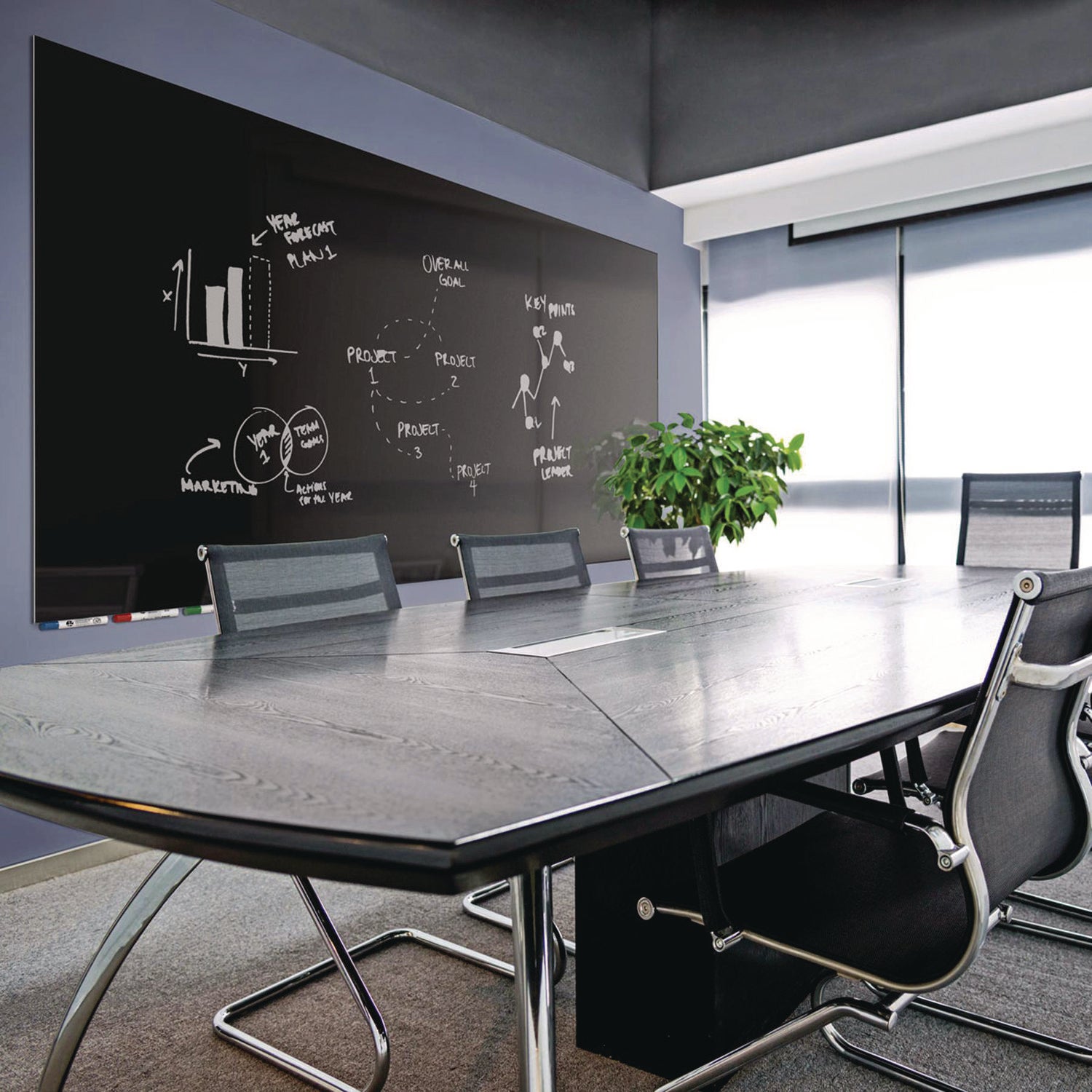 Aria Low-Profile Frameless Magnetic Glassboard, 120" x 48", Black Surface