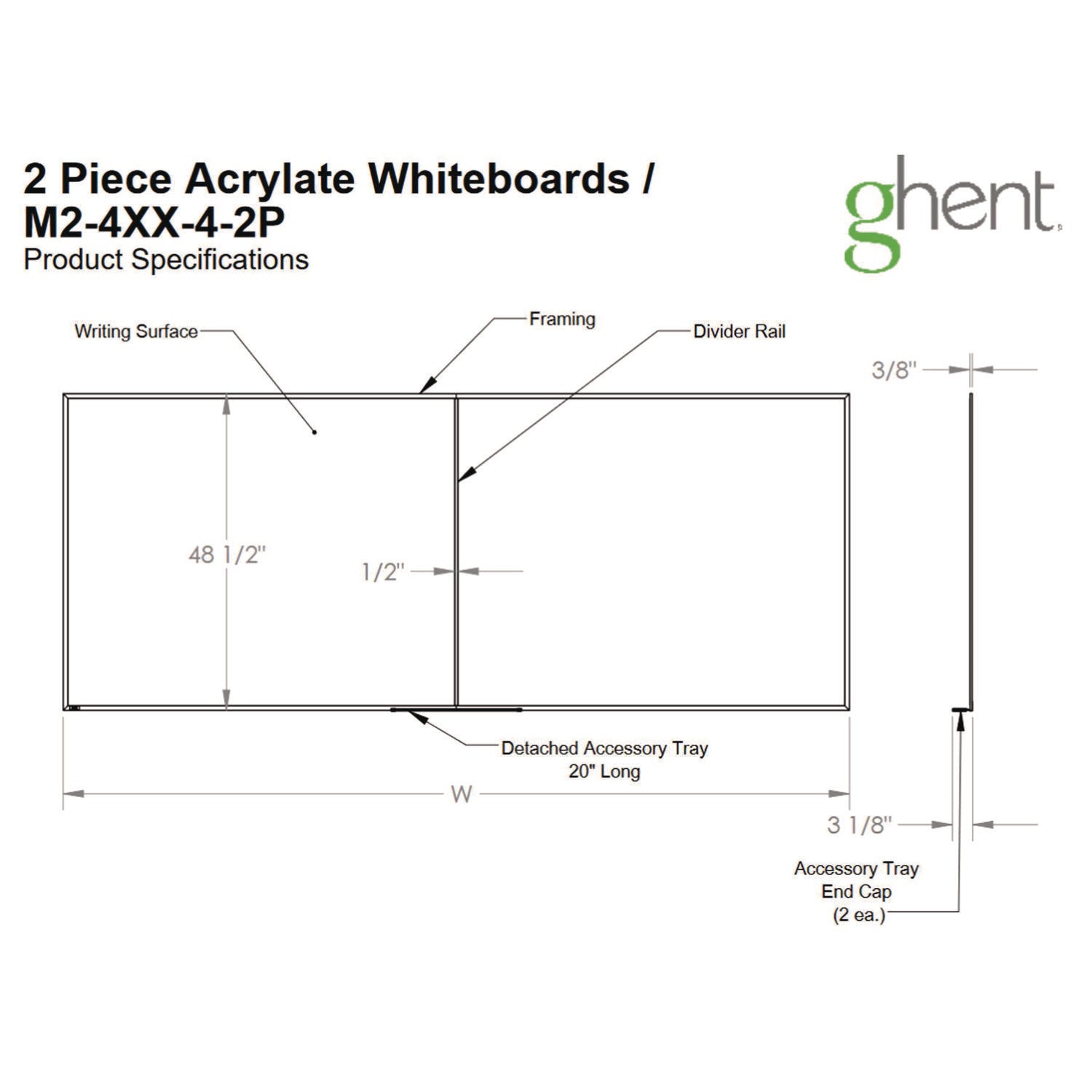 Two-Piece M2 Non-Magnetic Whiteboard with Aluminum Frame, 144.5" x 48.5", White Surface, Satin Aluminum Frame