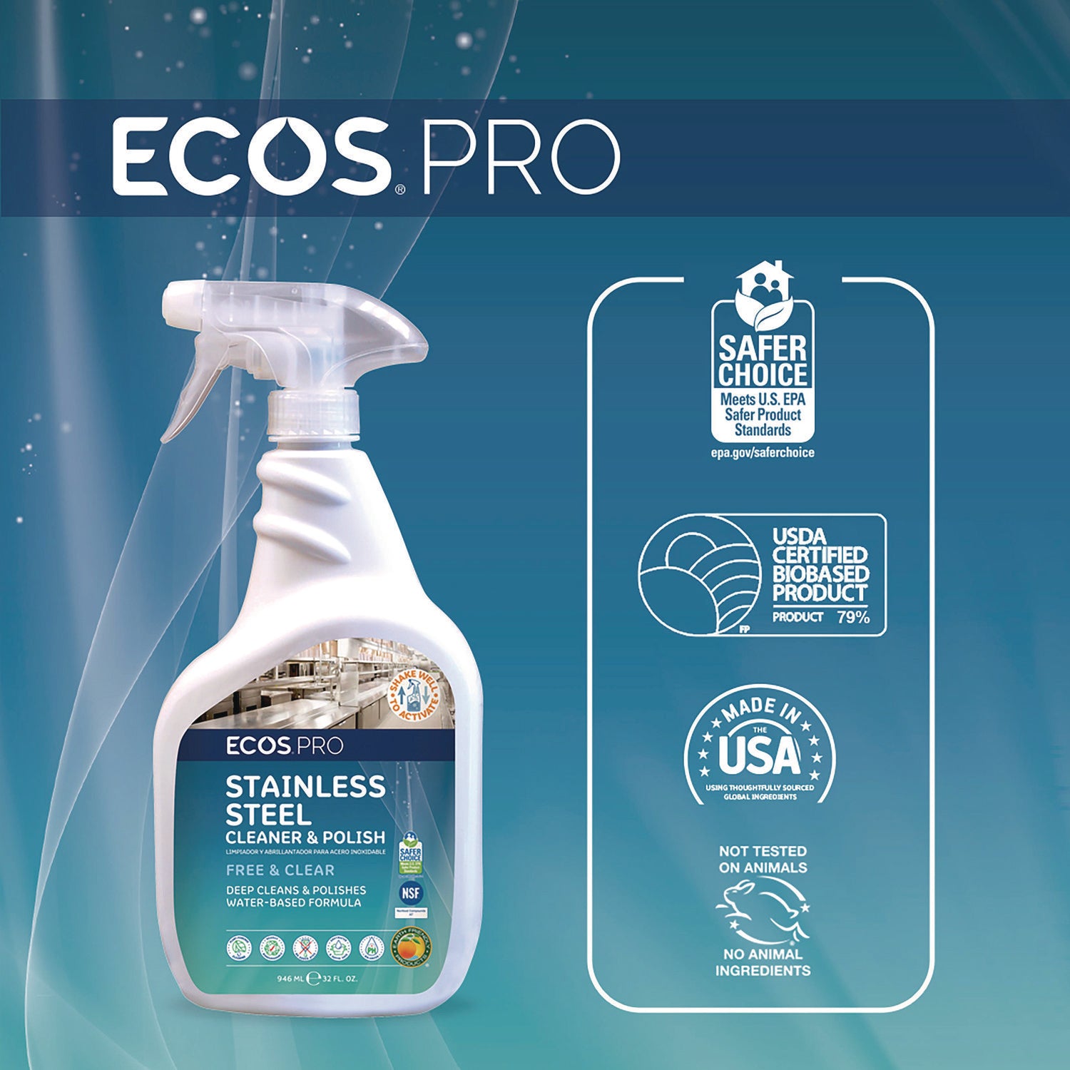 Stainless Steel Cleaner and Polish, Free and Clear Scent, 32 oz Spray Bottle, 6/Carton