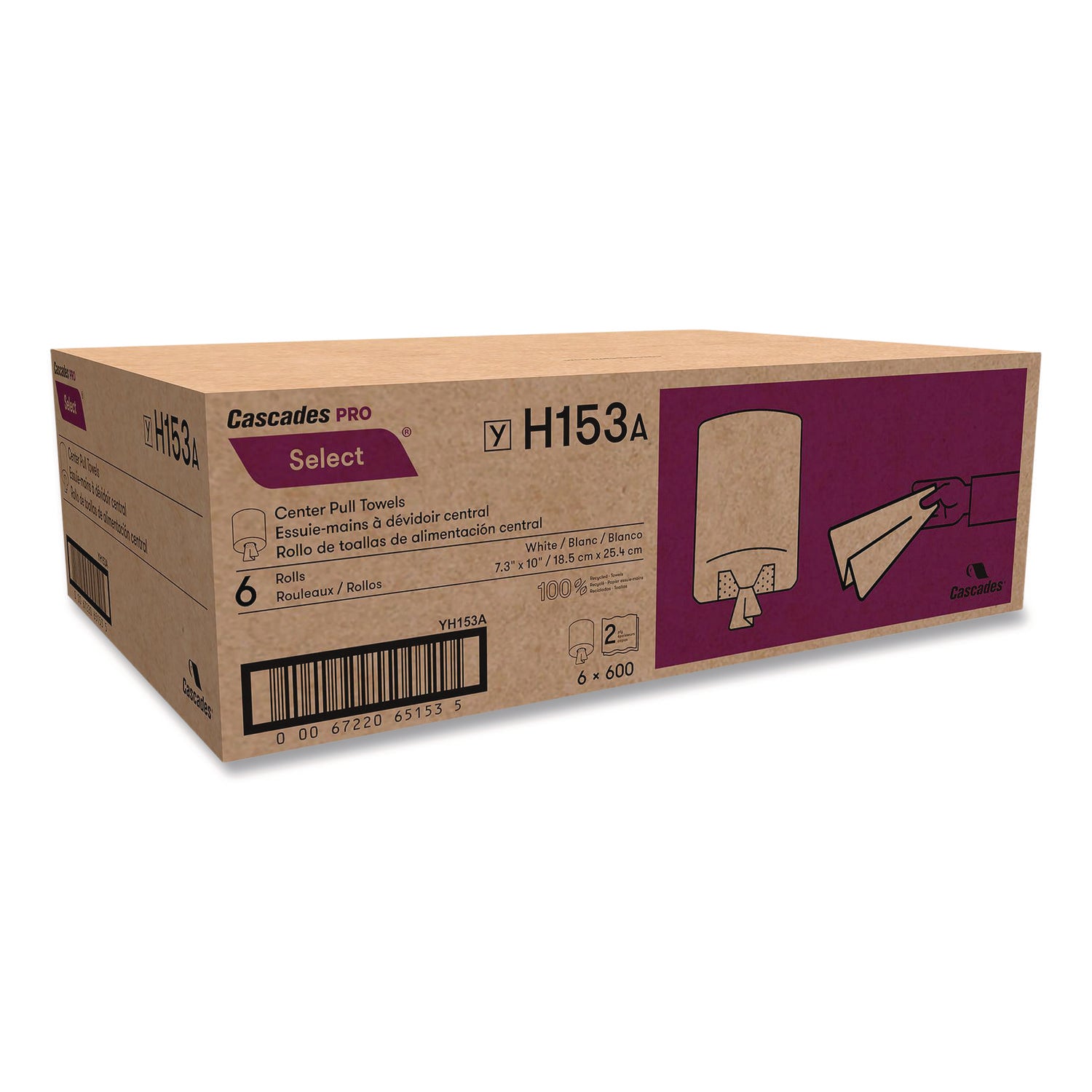 Cascades PRO Select Centerpull Hand Towels, 2 Ply, 7.30" x 10", 600 Sheets per Roll, 7.75" Roll Diameter, 2 1/4" Core, White, 6 Rolls per Carton