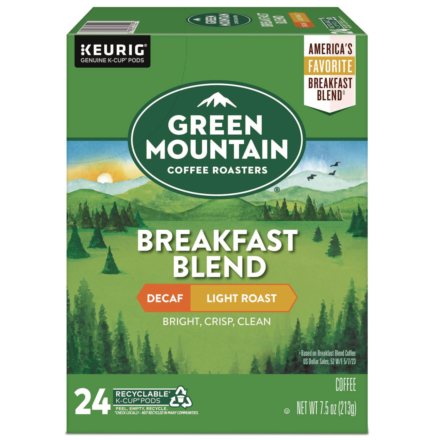 Green Mountain Coffee Roasters&reg; K-Cup Breakfast Blend Decaf Coffee - Compatible with Keurig Brewer - Light/Mild - K-Cup - Decaffeinated - 24 / Box