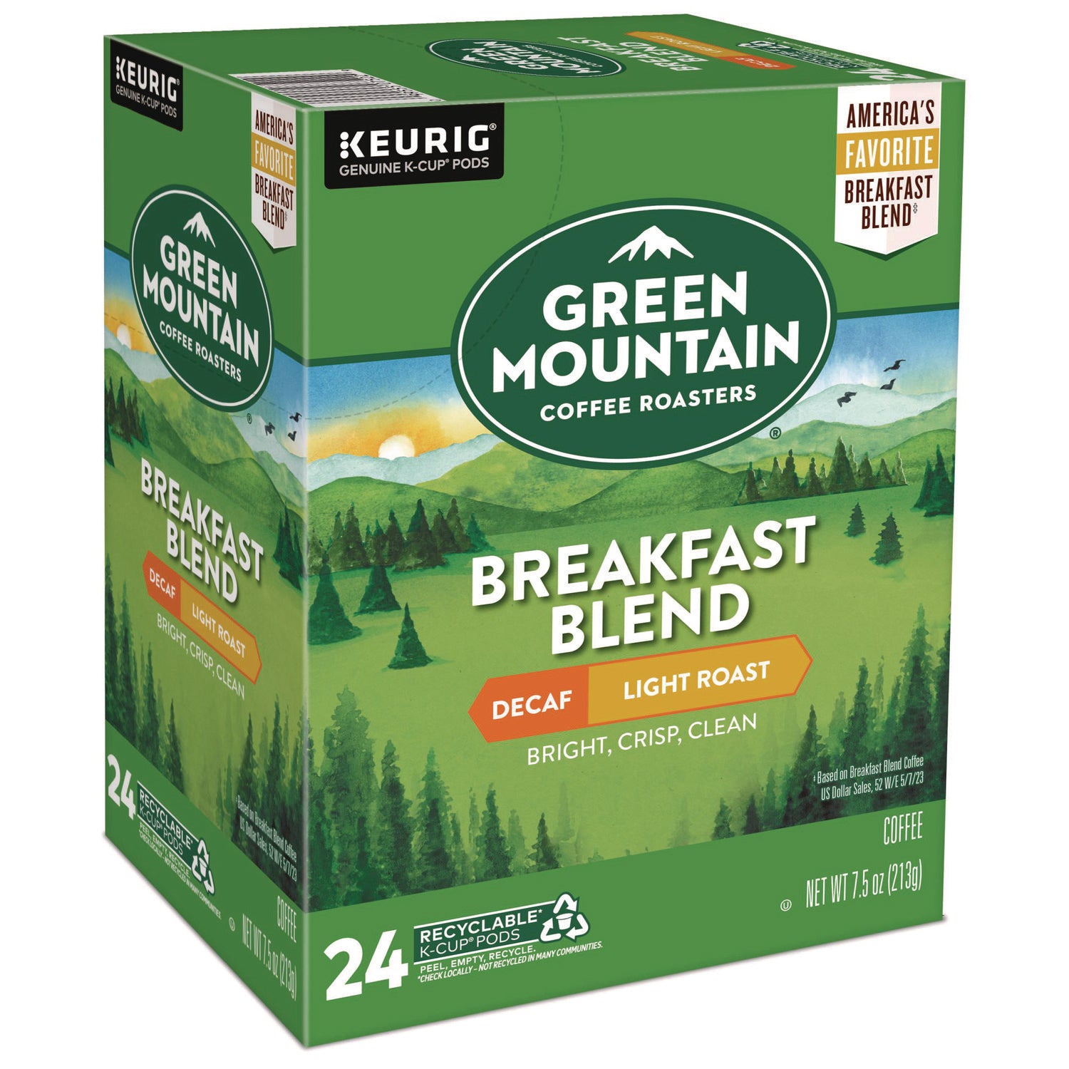 Green Mountain Coffee Roasters&reg; K-Cup Breakfast Blend Decaf Coffee - Compatible with Keurig Brewer - Light/Mild - K-Cup - Decaffeinated - 24 / Box