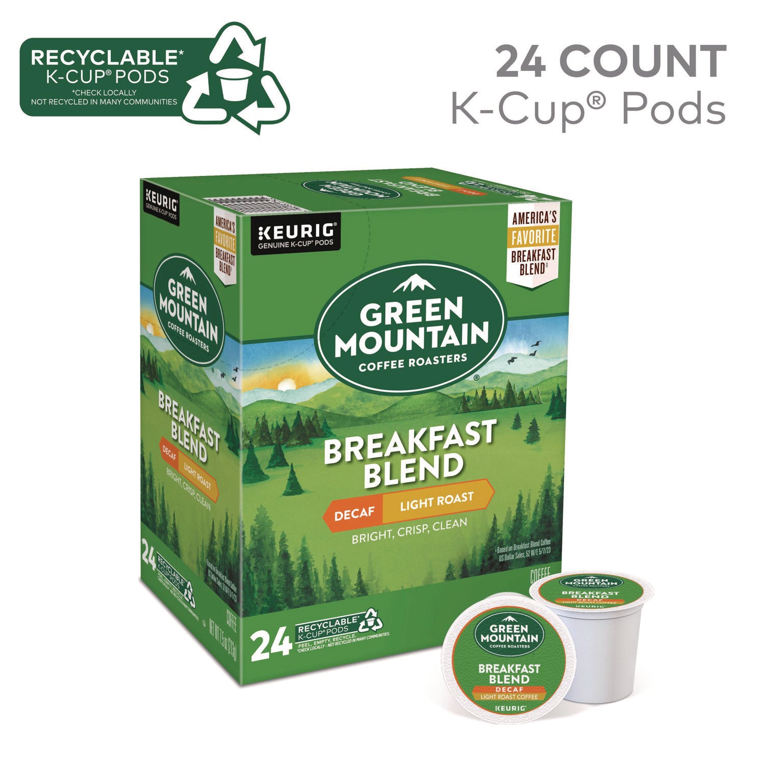 Green Mountain Coffee Roasters&reg; K-Cup Breakfast Blend Decaf Coffee - Compatible with Keurig Brewer - Light/Mild - K-Cup - Decaffeinated - 24 / Box