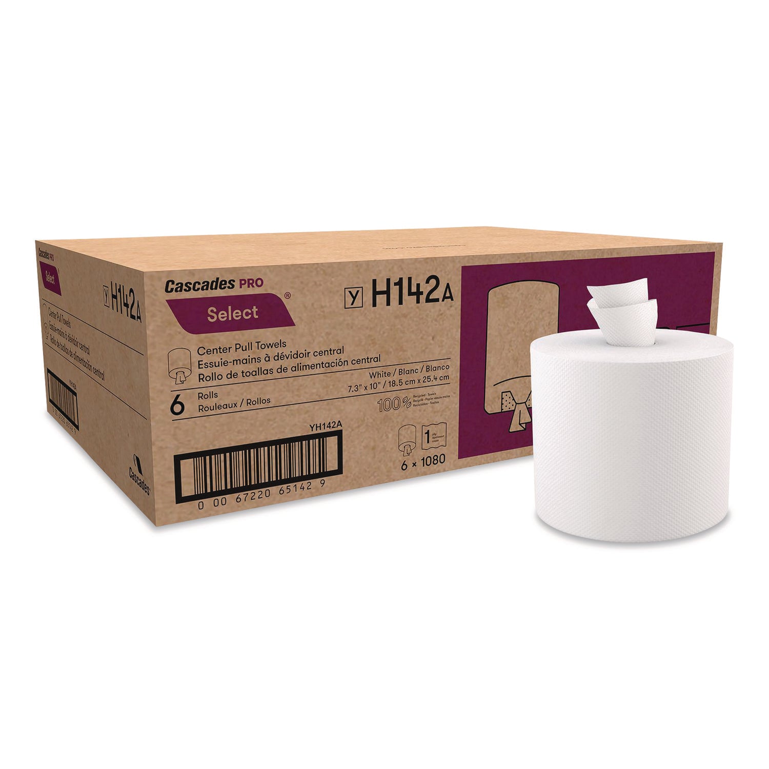 Cascades PRO Select Centerpull Hand Towels, 1 Ply, 7.30" x 10", 1080 Sheets/Roll, 7.75" Roll Diameter, 2 1/4" Core, White, 6 Rolls/Carton
