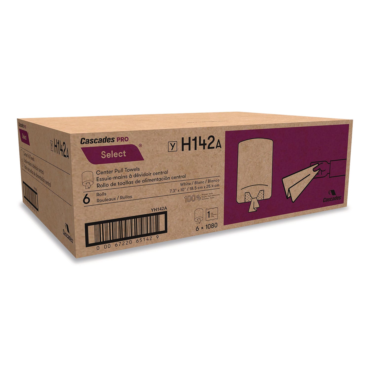 Cascades PRO Select Centerpull Hand Towels, 1 Ply, 7.30" x 10", 1080 Sheets/Roll, 7.75" Roll Diameter, 2 1/4" Core, White, 6 Rolls/Carton