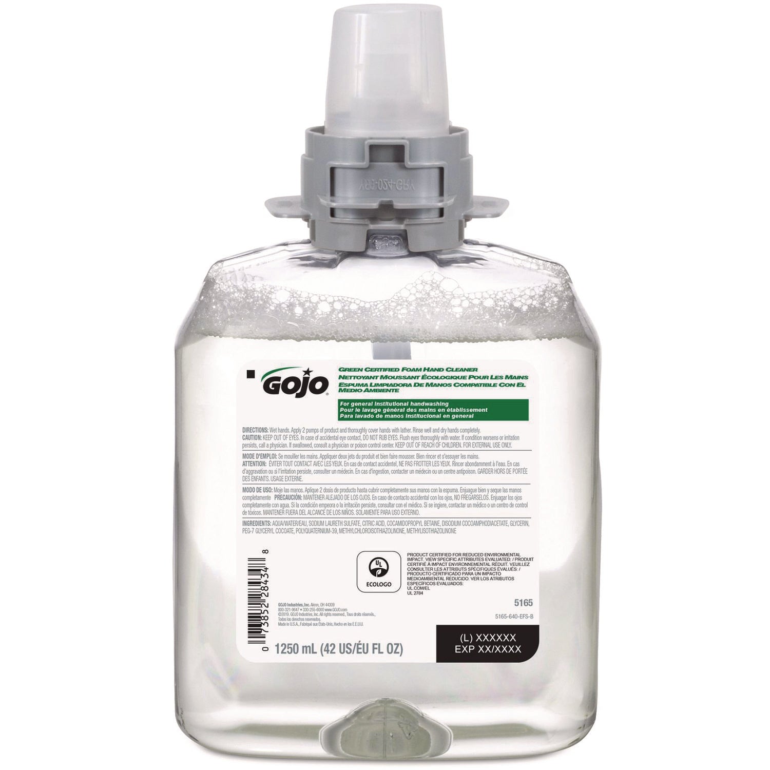Gojo&reg; FMX-12 Refill Green Certified Foam Hand Soap - 1.32 quart - Hand - Clear - Fragrance-free, Rich Lather, Antibacterial-free, Triclosan-free, Paraben-free, Phthalate-free, Bio-based - 4 / Carton