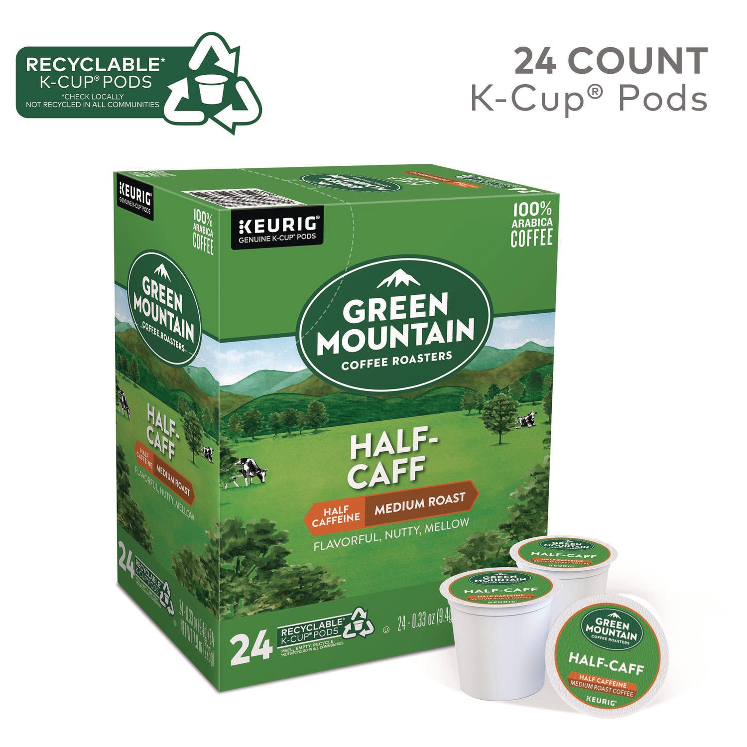Green Mountain Coffee Roasters&reg; K-Cup Half-Caff Coffee - Compatible with Keurig Brewer - Medium - K-Cup - Half Caff - 24 / Box
