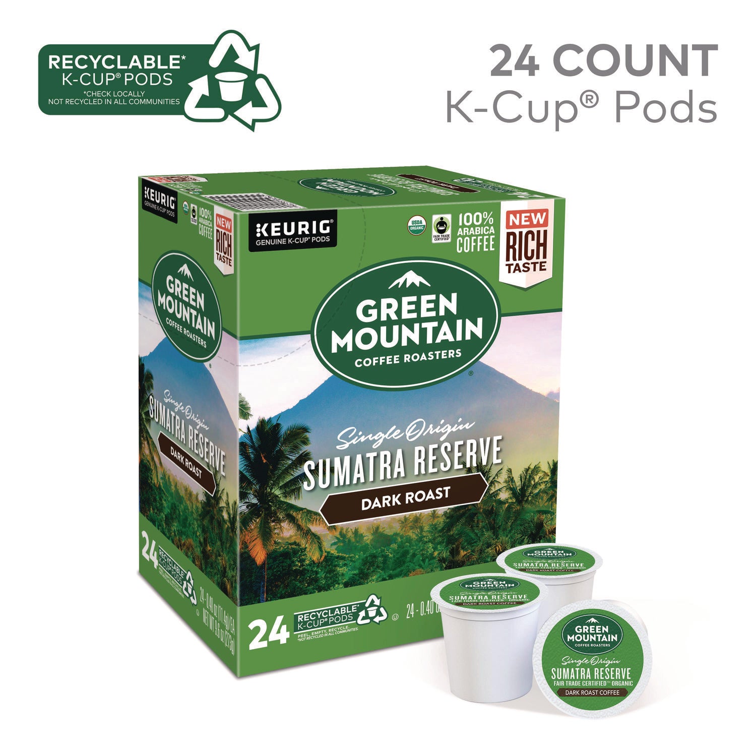 Compatible with Keurig K-Cup Brewer - Regular - Dark - 24 K-Cup - K-Cup, Pod - Sumatra Reserve - Kosher - Organic - 24 / Box