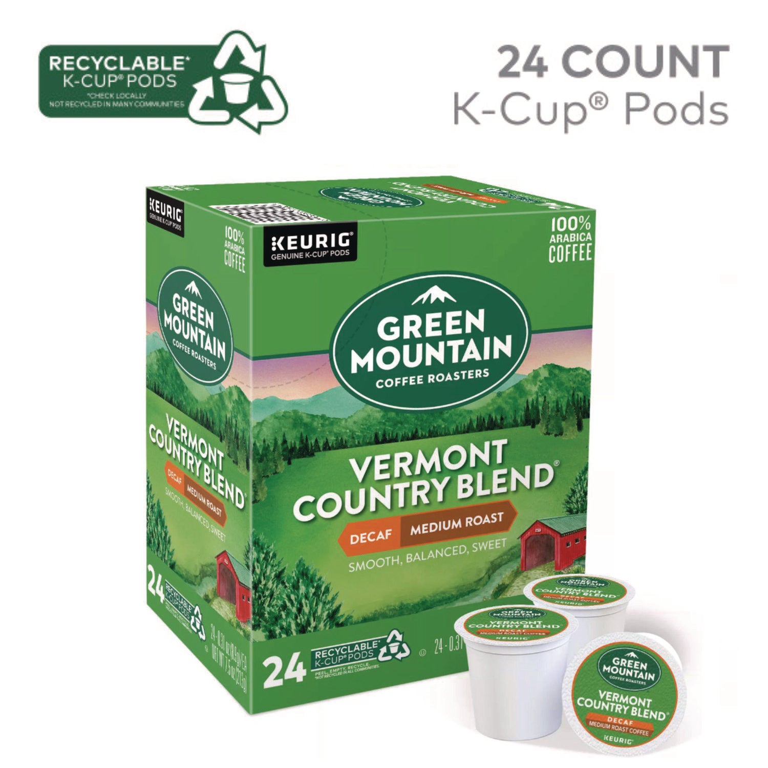 Green Mountain Coffee Roasters&reg; K-Cup Vermont Country Blend Decaf Coffee - Compatible with Keurig Brewer - Medium - K-Cup - Decaffeinated - 24 / Box