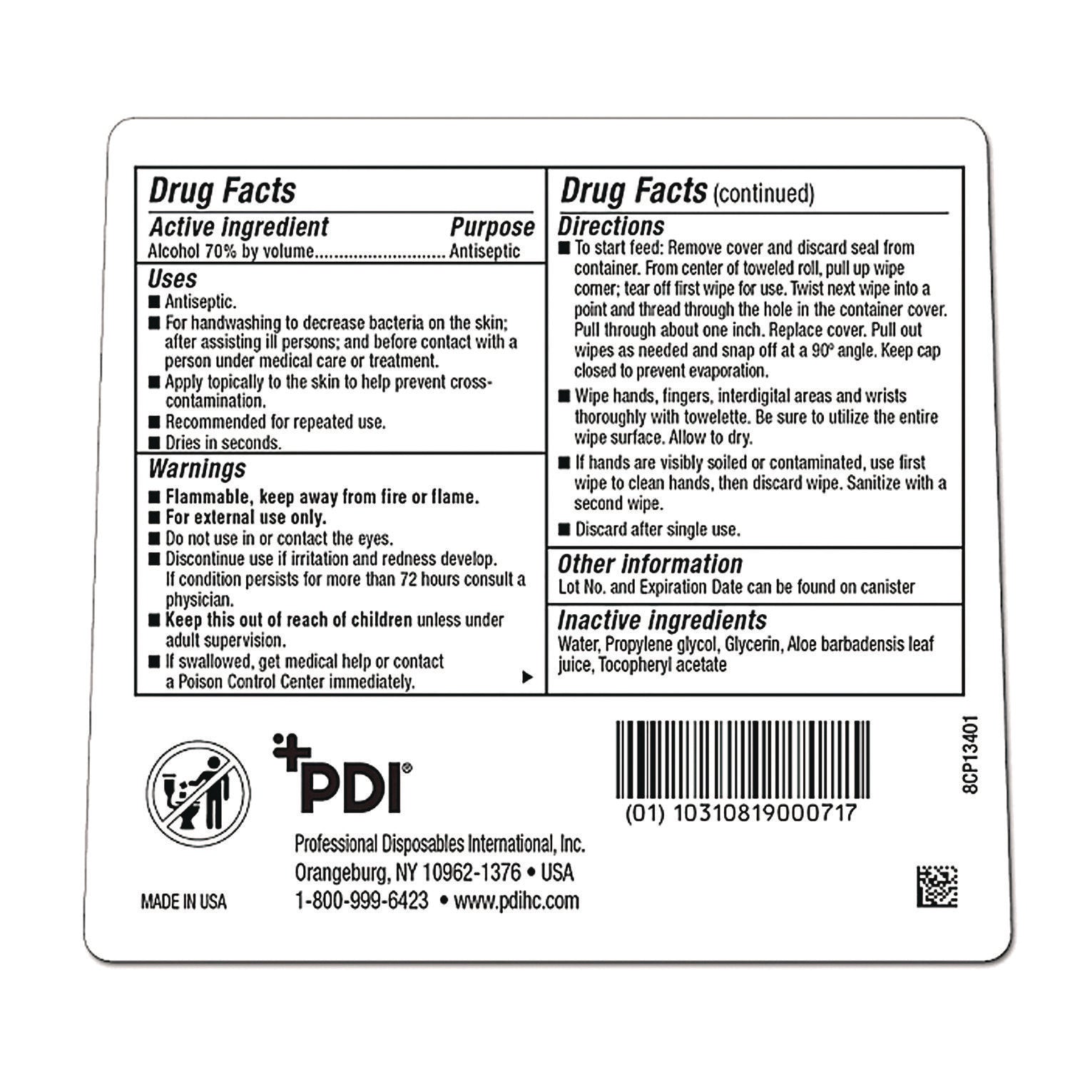 PDI Sani-Hands Instant Hand Sanitizing Wipes, 7.5 x 6, Unscented, White, 220/Canister, 6 Canisters/Carton