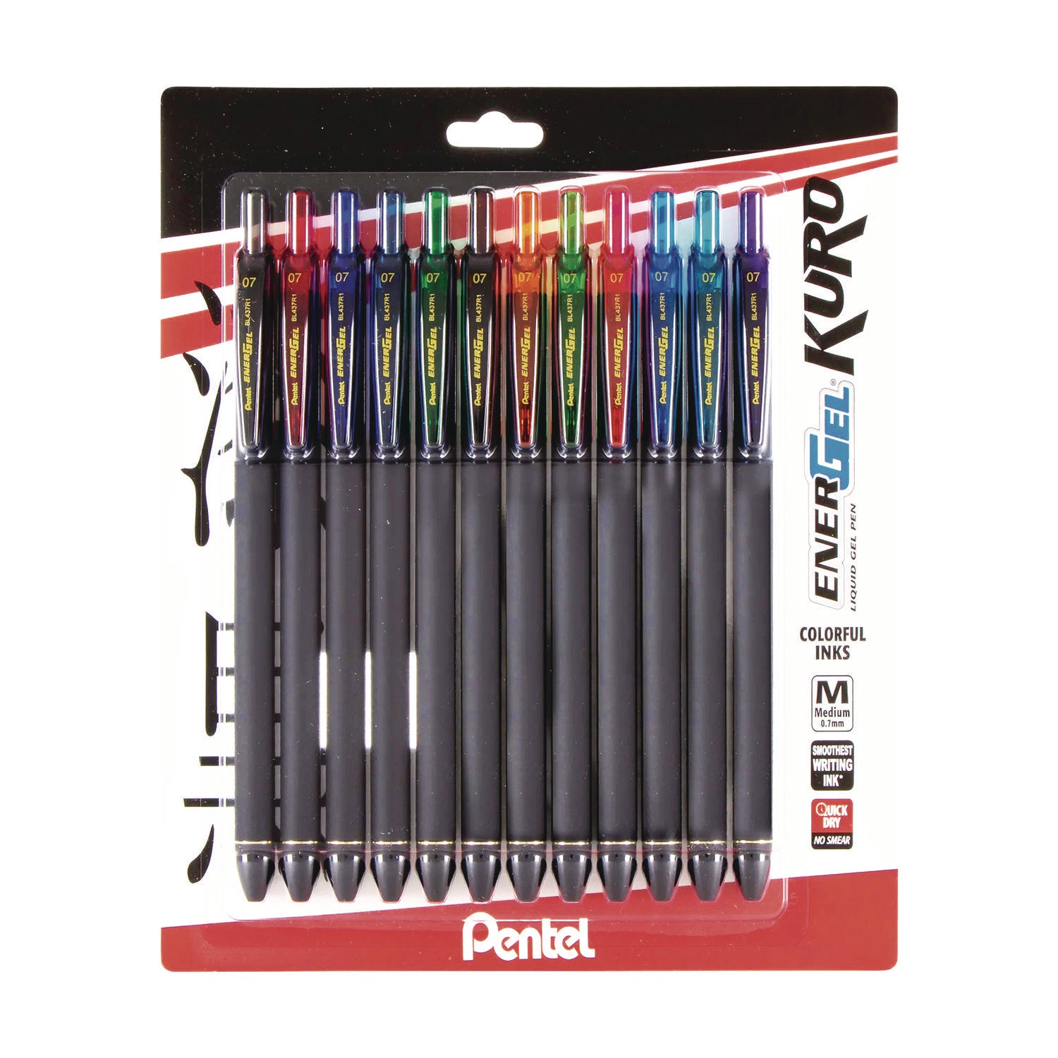 0.7 mm Pen Point - Retractable - Assorted Ink - Liquid Gel Ink - Rubberized Barrel - 12 / Pack