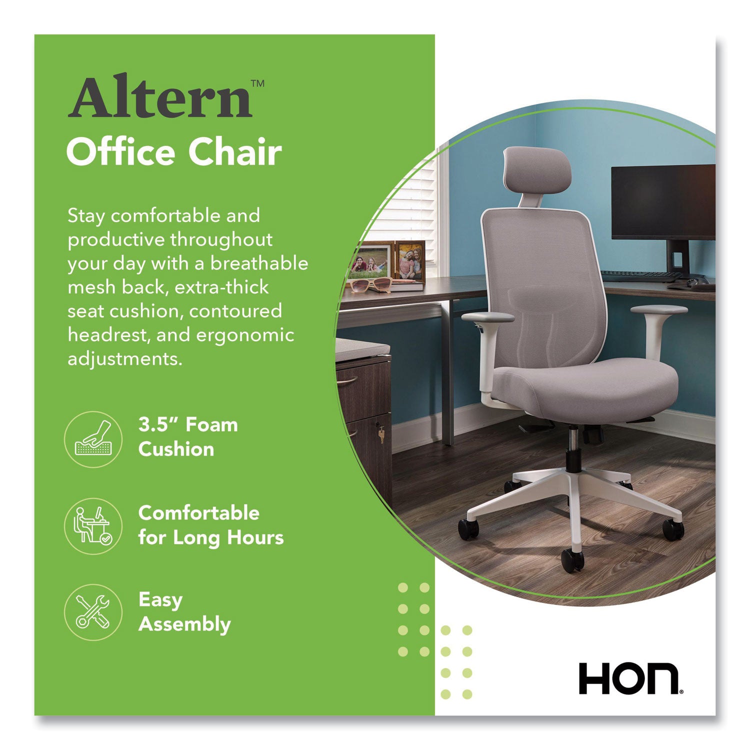 HON Altern Task Chair, Mid Back, Gray Mesh Back, Gray Fabric/Foam Seat, White Frame, Adjustable Armrests, Lumbar Support, Tilt Mechanism, 1 Each