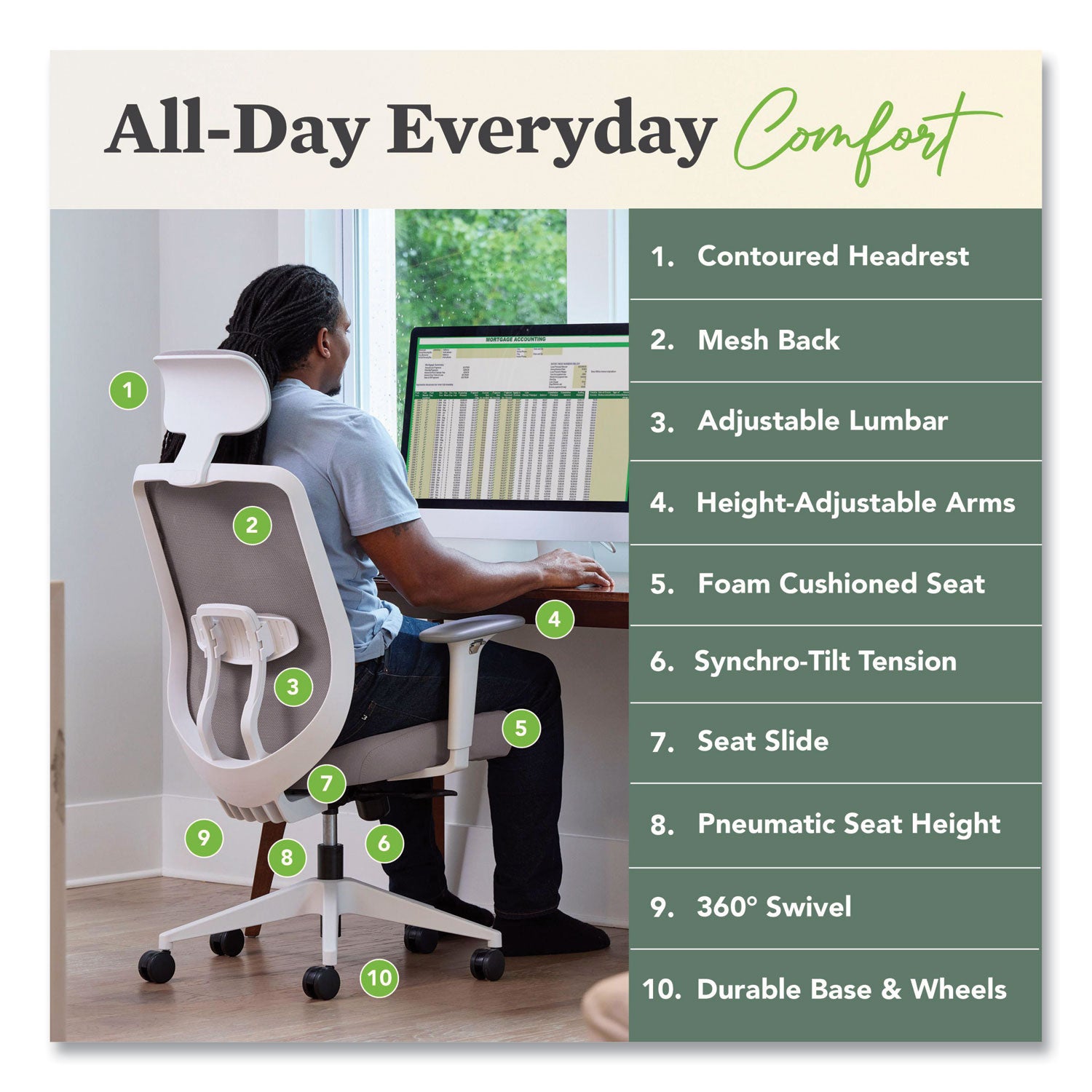 HON Altern Task Chair, Mid Back, Gray Mesh Back, Gray Fabric/Foam Seat, White Frame, Adjustable Armrests, Lumbar Support, Tilt Mechanism, 1 Each
