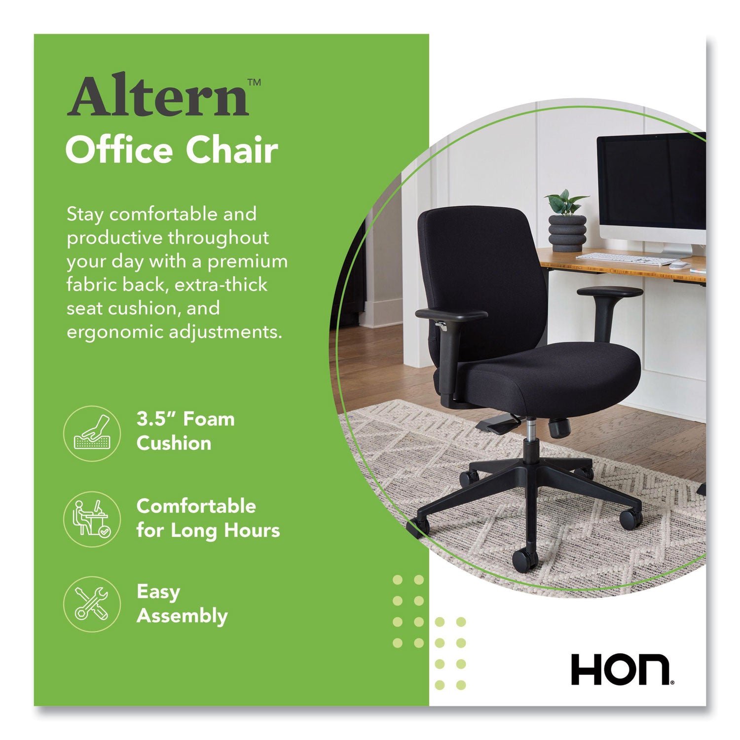 HON Altern Task Chair, Mid Back, Black Frame, Fabric & Foam Seat, Fabric Back, Adjustable Armrests, Ergonomic, Lumbar Support, Tilt Mechanism, 1 Each