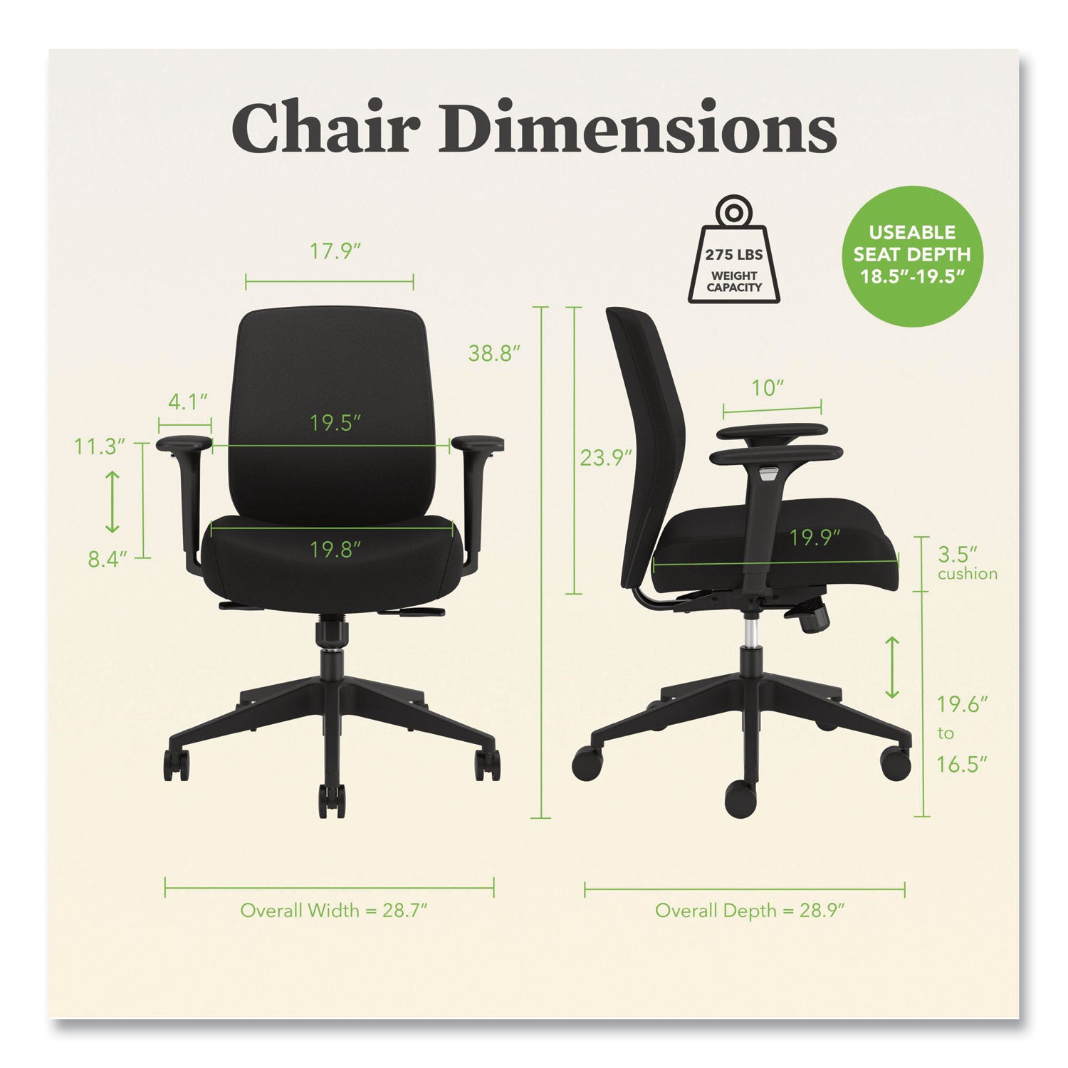 HON Altern Task Chair, Mid Back, Black Frame, Fabric & Foam Seat, Fabric Back, Adjustable Armrests, Ergonomic, Lumbar Support, Tilt Mechanism, 1 Each