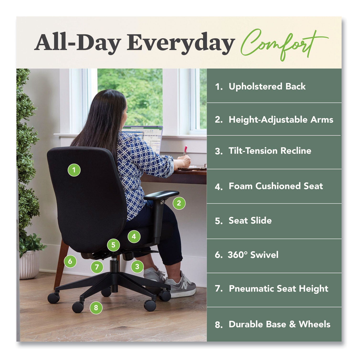 HON Altern Task Chair, Mid Back, Black Frame, Fabric & Foam Seat, Fabric Back, Adjustable Armrests, Ergonomic, Lumbar Support, Tilt Mechanism, 1 Each