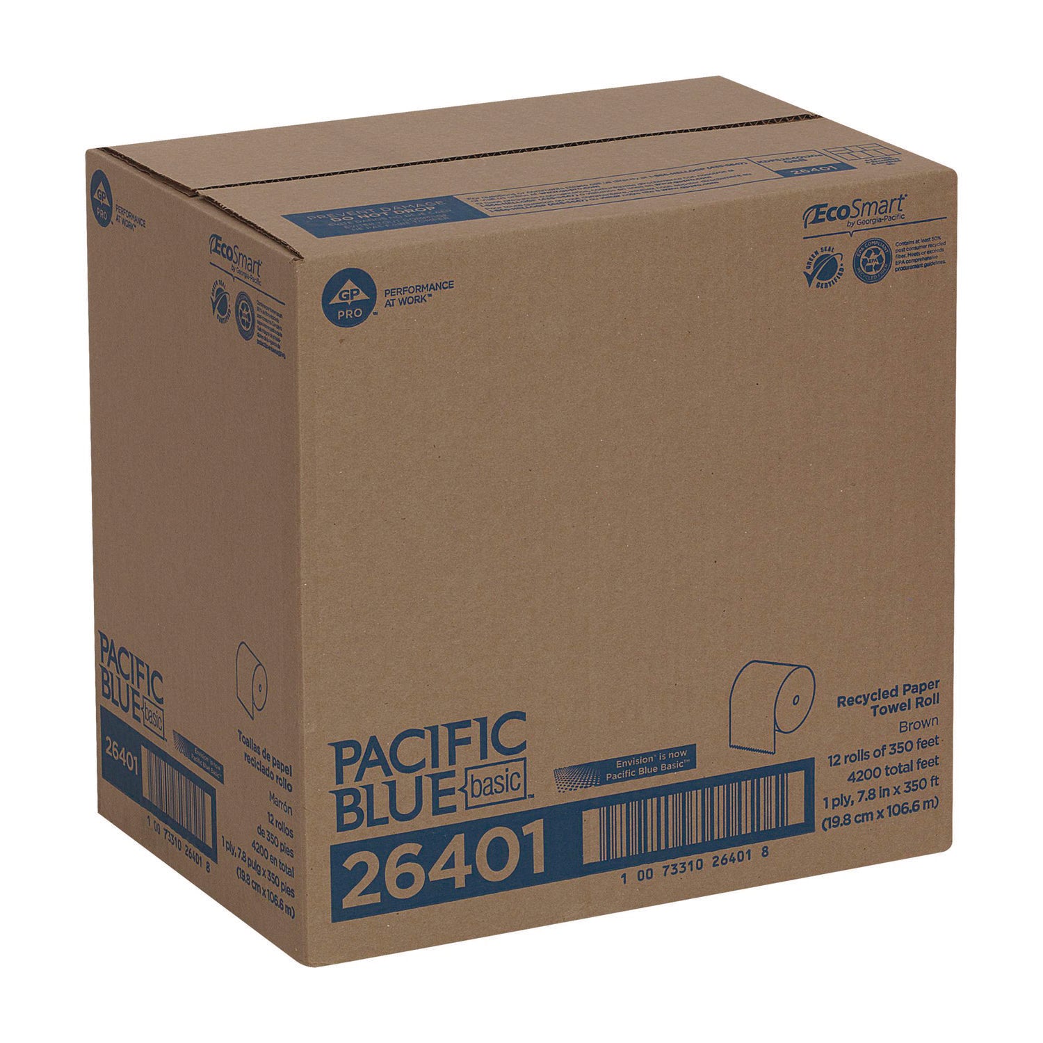Pacific Blue Basic Recycled Paper Towel Roll - 1 Ply - 7.87" Width x 350 ft Length - Natural - 12 / Carton