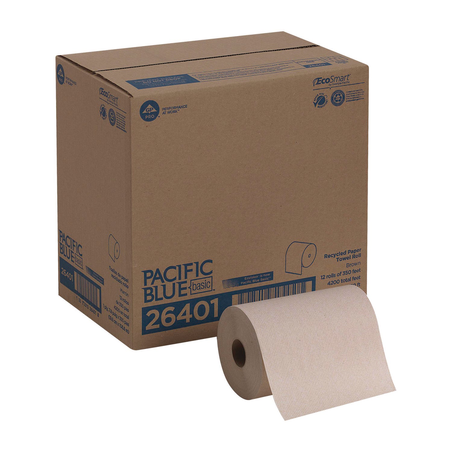 Pacific Blue Basic Recycled Paper Towel Roll - 1 Ply - 7.87" Width x 350 ft Length - Natural - 12 / Carton