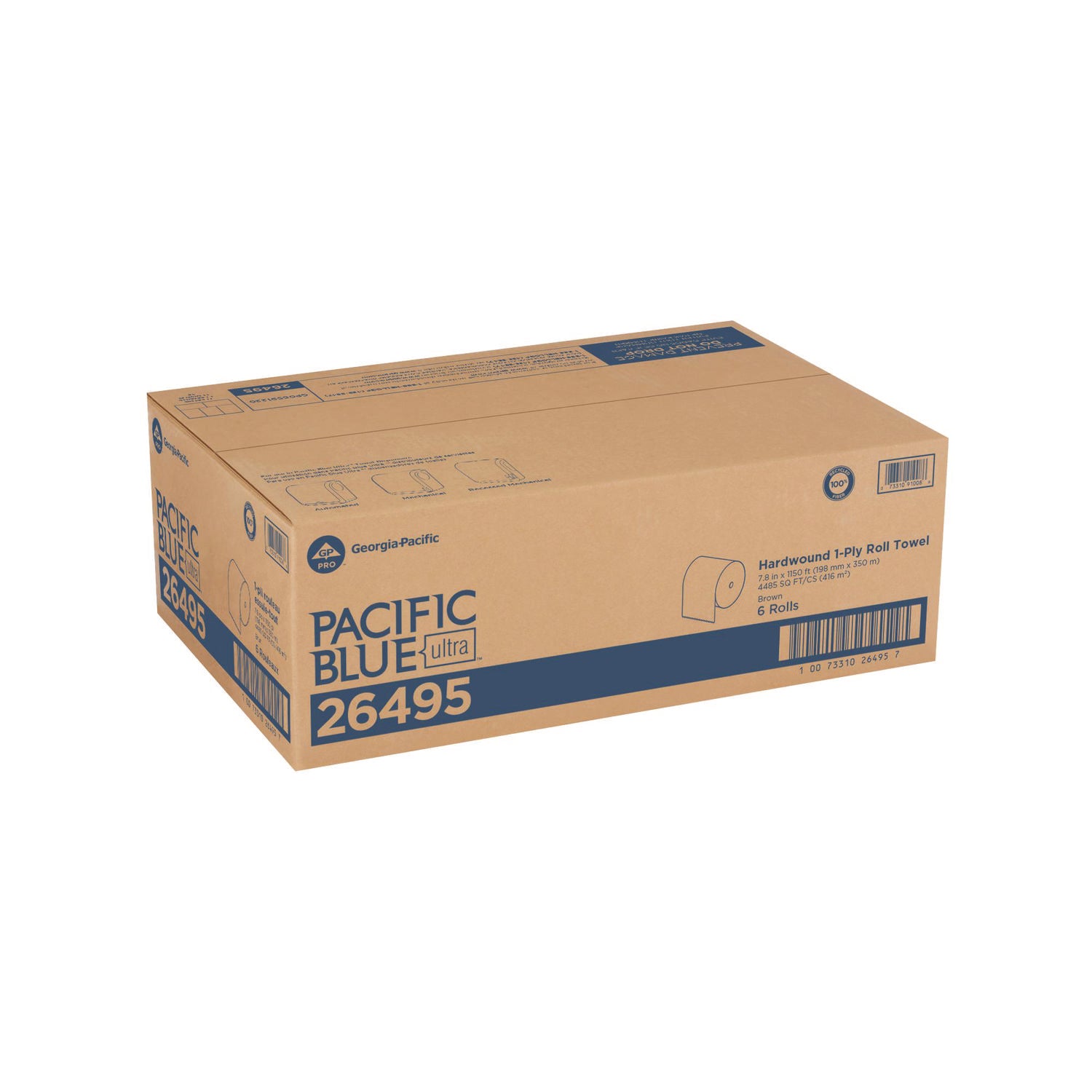 Pacific Blue Ultra High-Capacity Recycled Paper Towel Rolls, 7.87" x 1150 ft, Brown, 6 Rolls per Carton