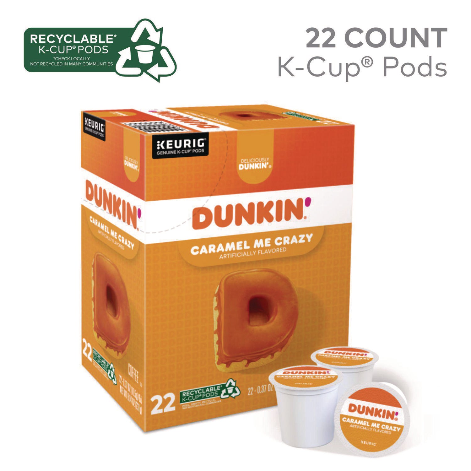 Dunkin' Caramel Me Crazy Coffee, Medium Roast, 22 K-Cup Pods, Kosher, Compatible with Keurig Brewers