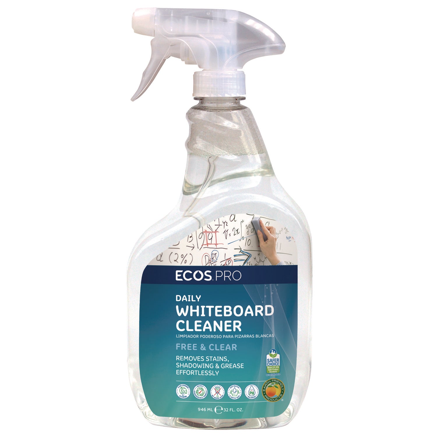 Daily Whiteboard Cleaner, Free and Clear, 32 oz Spray Bottle, 6/Carton