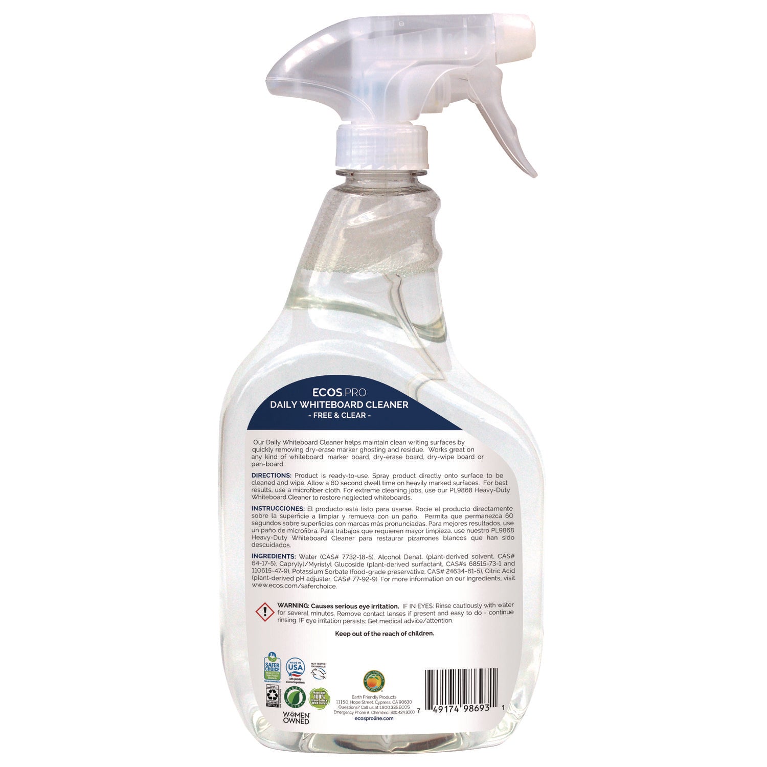Daily Whiteboard Cleaner, Free and Clear, 32 oz Spray Bottle, 6/Carton