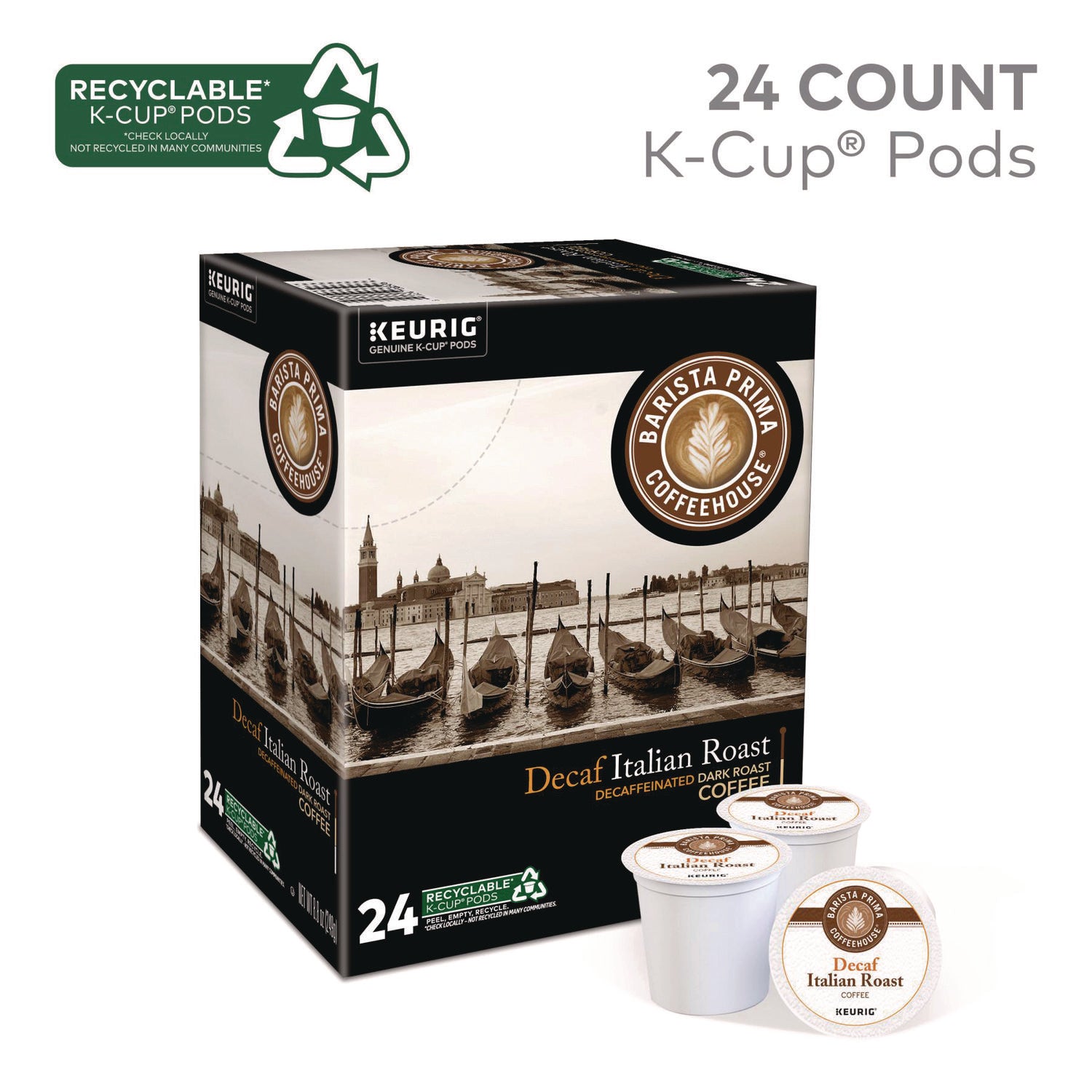 Barista Prima Coffeehouse&reg; K-Cup Italian Roast Coffee - Compatible with Keurig Brewer - Dark - K-Cup - Italian Roast - Decaffeinated - 24 / Box