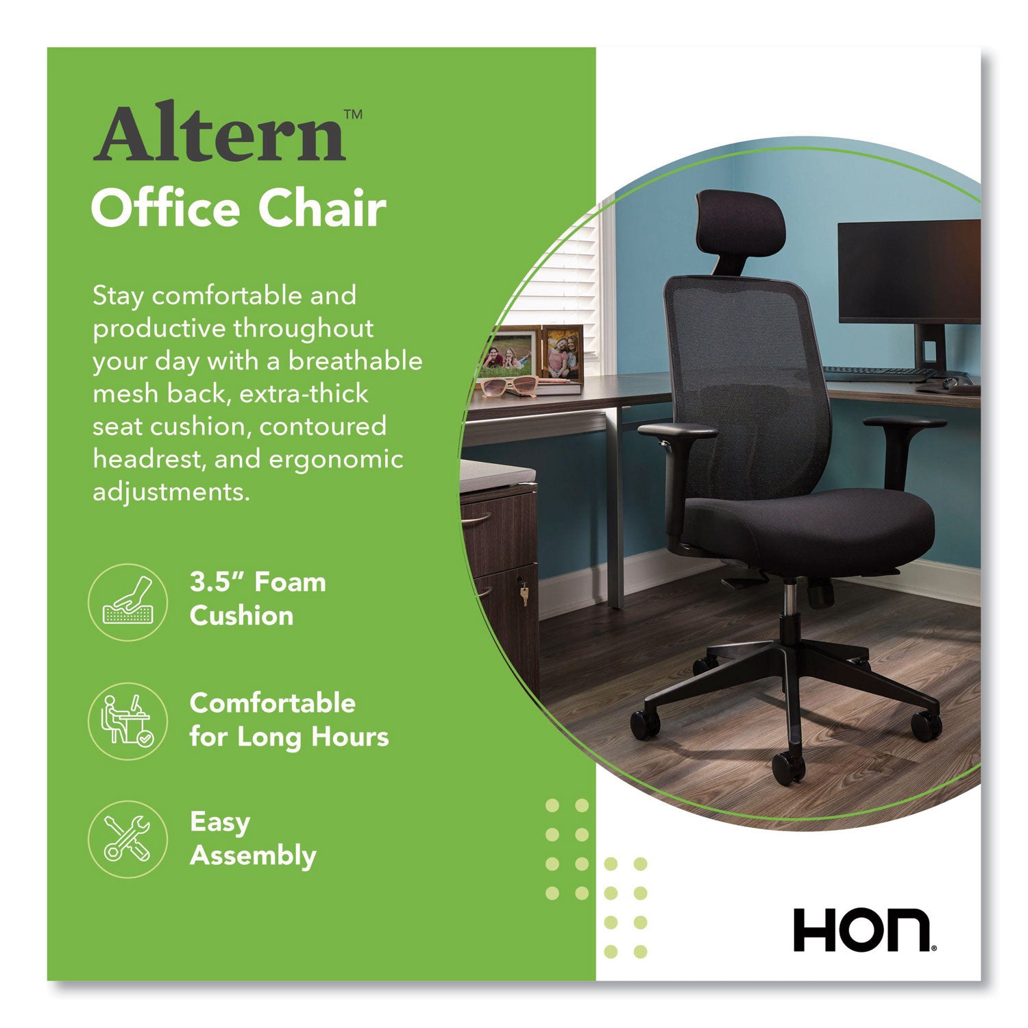 HON Altern Task Chair, Fabric and Foam Seat, Mesh Mid Back, Black Frame, Adjustable Armrests, Lumbar Support, Tilt Mechanism, 1 Each