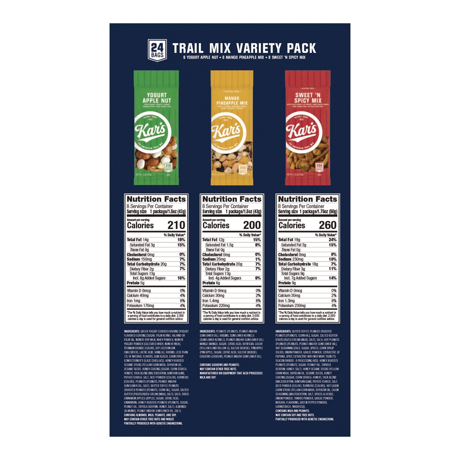 Trail Mix Variety Pack, Mango Pineapple/Sweet 'N Spicy/Yogurt Apple Nut, 24 Packets/Box
