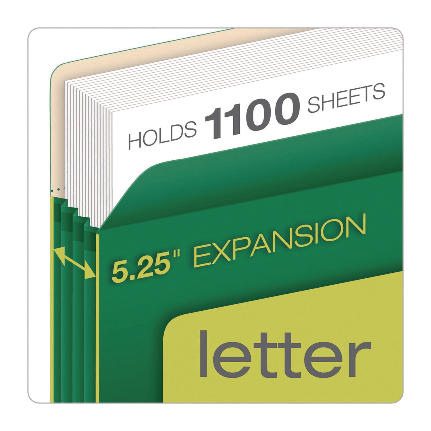 Reinforced File Pocket, 5.25" Expansion, Letter Size, Green, 10/Box