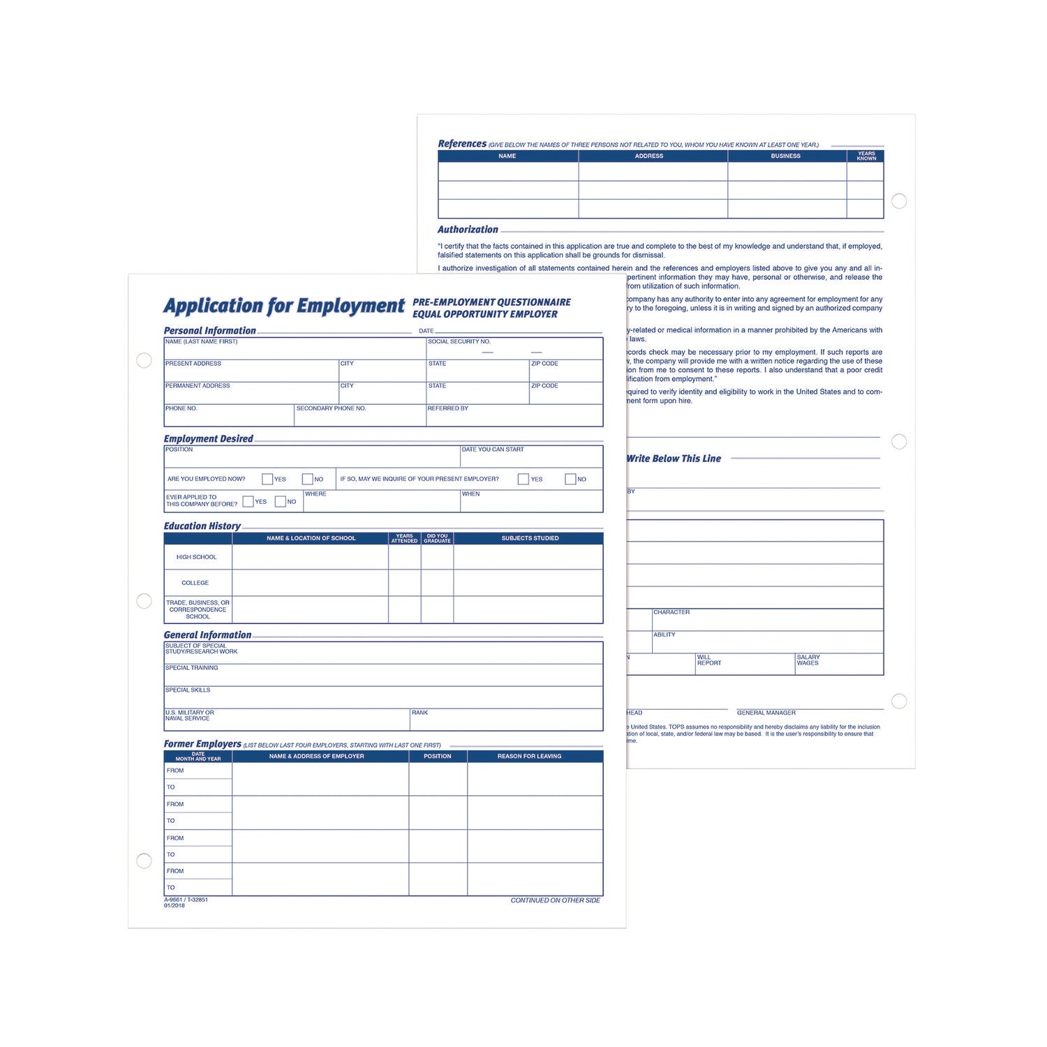 Employment Applications, One-Part (No Copies), 11 x 8.38, 50 Forms/Pad, 2 Pads/Pack