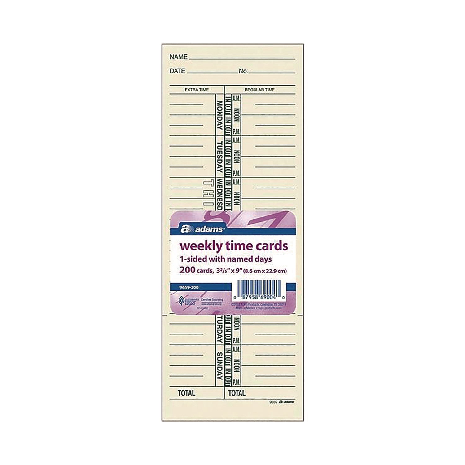 Time Cards for Acroprint, Amano and Lathem Time Clocks, One Side, 3.38" x 9", 200/Pack