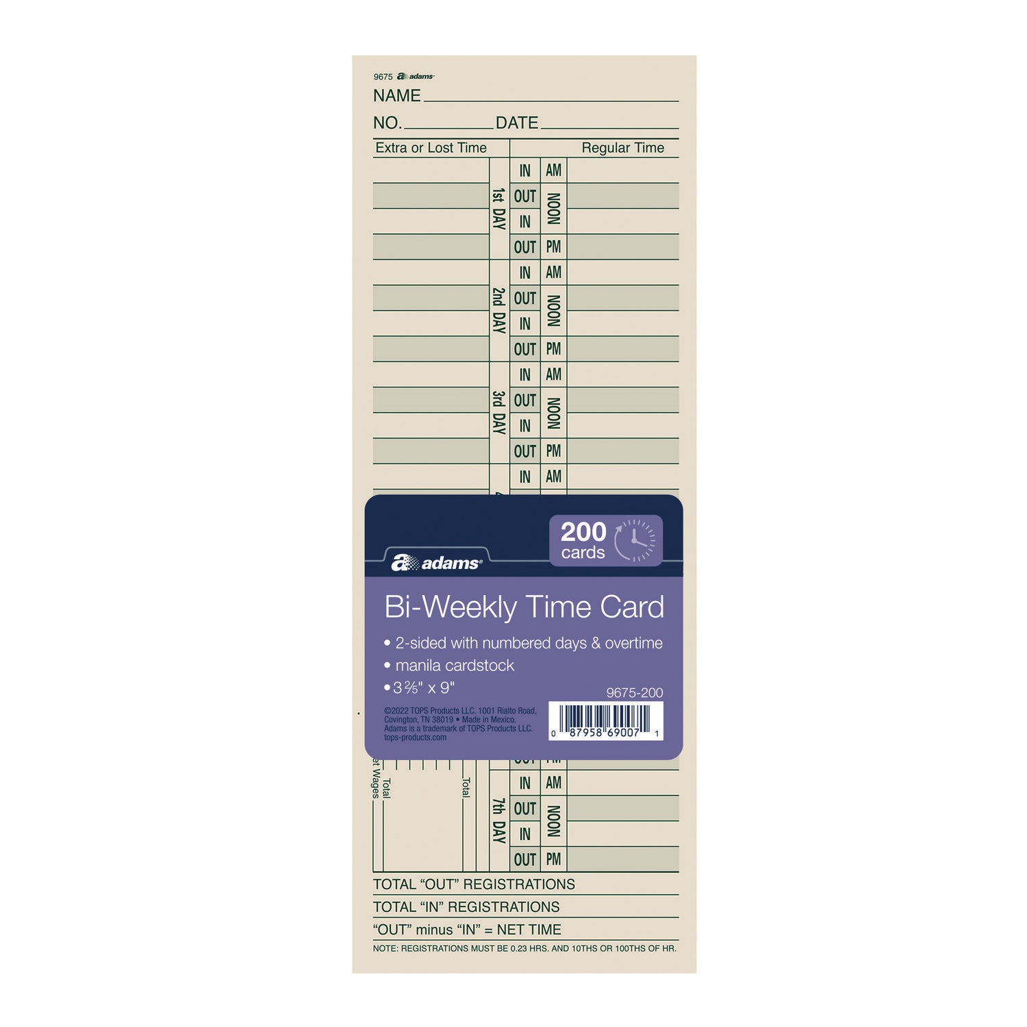 Time Cards for Acroprint, Amano and Lathem Time Clocks, Two Sides, Bi-Weekly, 3.38" x 9", 200/Pack